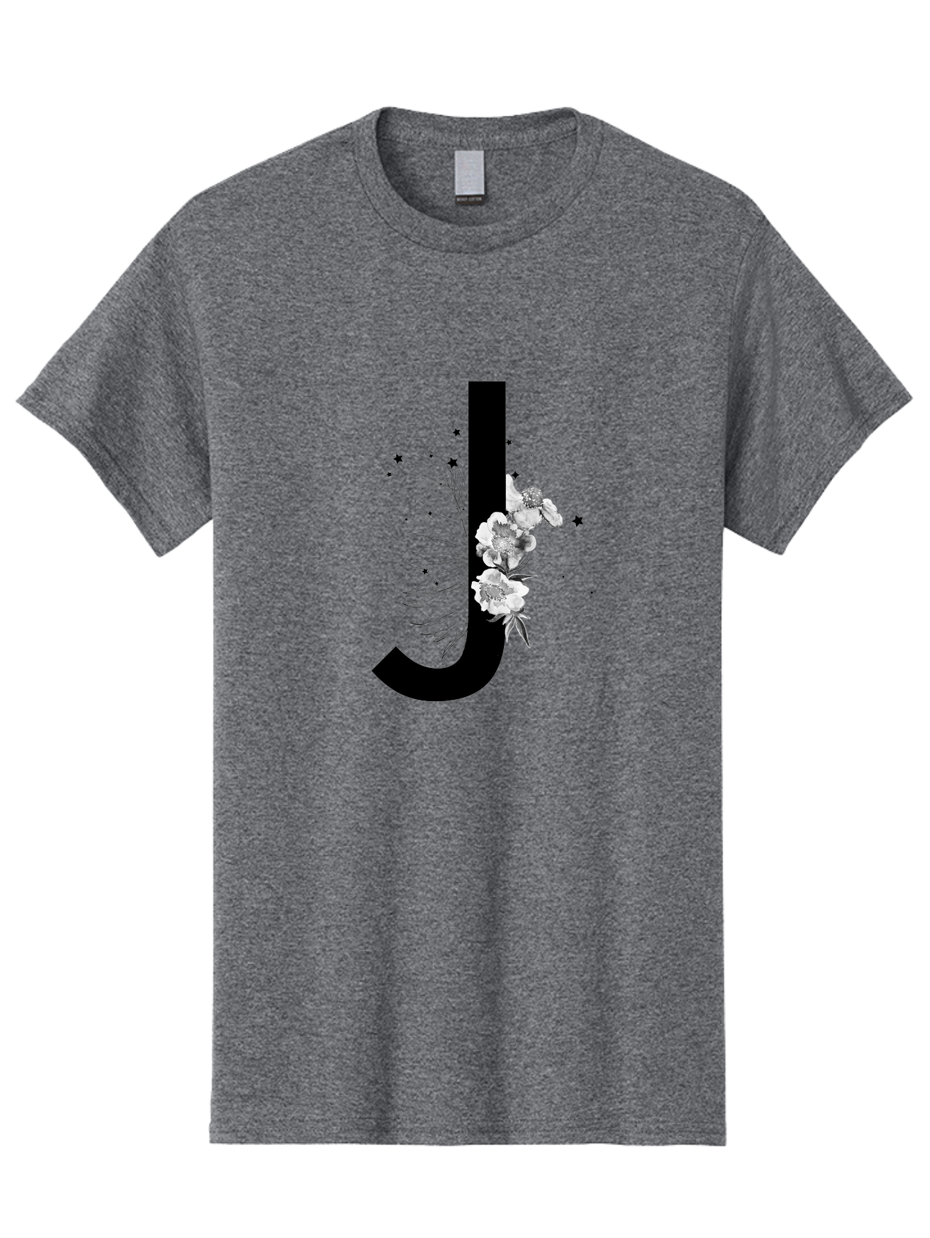 J Men'S Graphic Tee, 100% Cotton, Comfortable Casual Summer Wear, Machine Washable, Black Letter J, Floral Design, White Flowers, Artistic Typography, Elegant Lettering, Decorative Alphabet, Floral Arrangement, Creative Graphics, Aac328 3