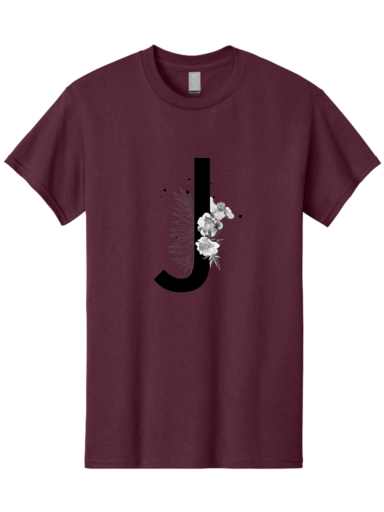 J Men'S Graphic Tee, 100% Cotton, Comfortable Casual Summer Wear, Machine Washable, Black Letter J, Floral Design, White Flowers, Artistic Typography, Elegant Lettering, Decorative Alphabet, Floral Arrangement, Creative Graphics, Aac328 1