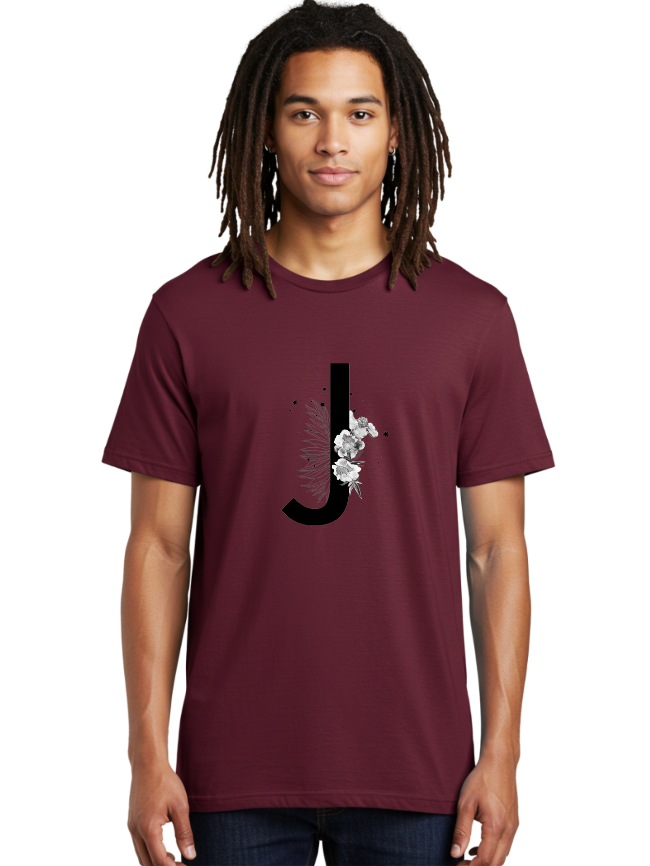 J Men'S Graphic Tee, 100% Cotton, Comfortable Casual Summer Wear, Machine Washable, Black Letter J, Floral Design, White Flowers, Artistic Typography, Elegant Lettering, Decorative Alphabet, Floral Arrangement, Creative Graphics, Aac328 2