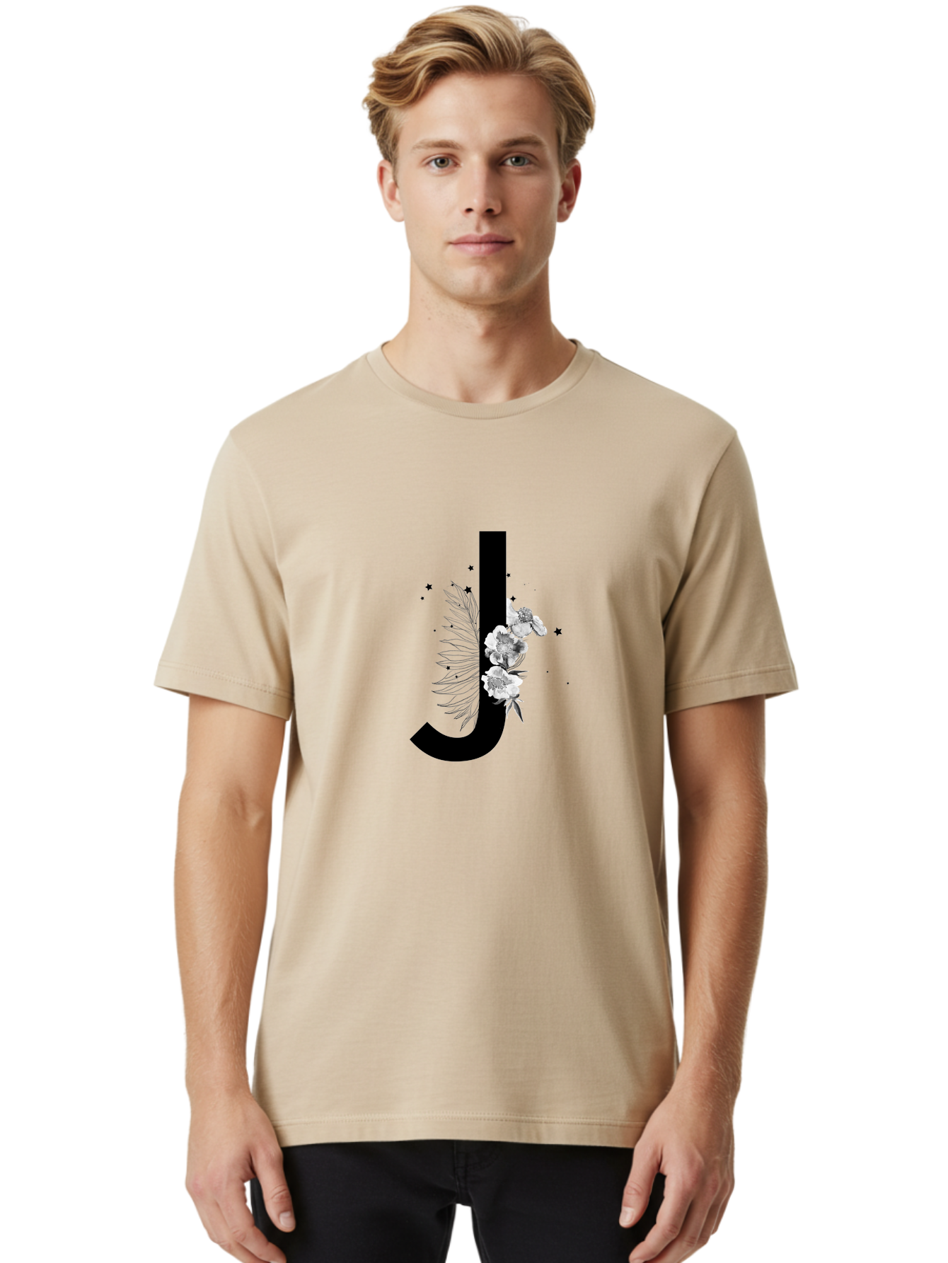 J Men'S Graphic Tee, 100% Cotton, Comfortable Casual Summer Wear, Machine Washable, Black Letter J, Floral Design, White Flowers, Artistic Typography, Elegant Lettering, Decorative Alphabet, Floral Arrangement, Creative Graphics, Aac328 16