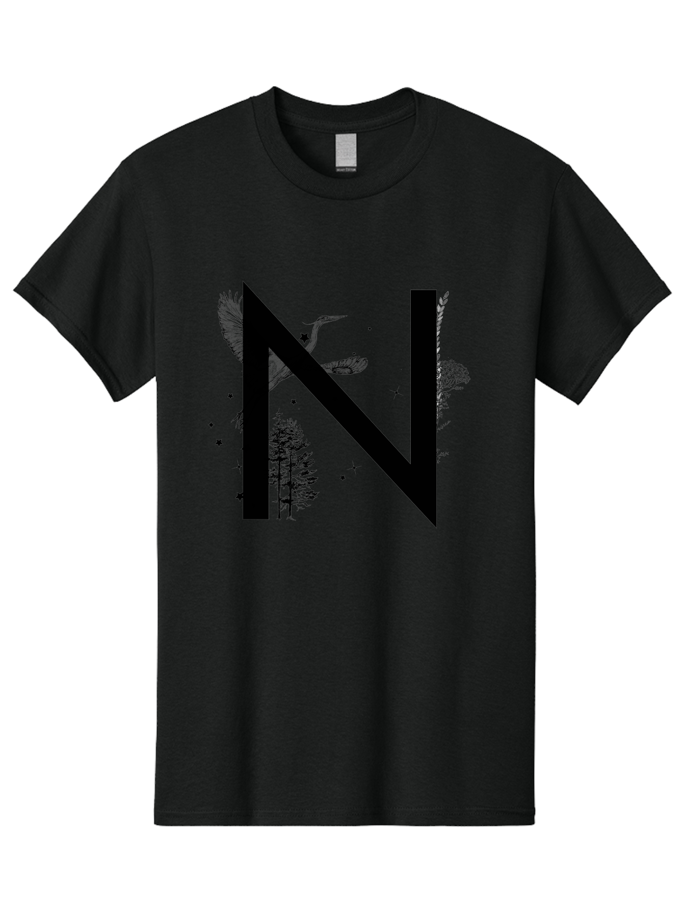 N Men'S Graphic Tee, 100% Cotton, Comfortable Casual Summer Wear, Machine Washable, Stylish N Letter, Logo Design, Nature Inspired, Black Lettering, Floral Elements, Birds In Flight, Stars, Trees, Foliage, Symbolism, Creative Typography Aac338 13