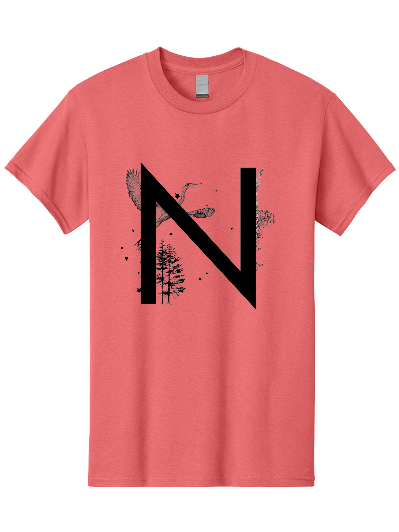N Men'S Graphic Tee, 100% Cotton, Comfortable Casual Summer Wear, Machine Washable, Stylish N Letter, Logo Design, Nature Inspired, Black Lettering, Floral Elements, Birds In Flight, Stars, Trees, Foliage, Symbolism, Creative Typography Aac338 21
