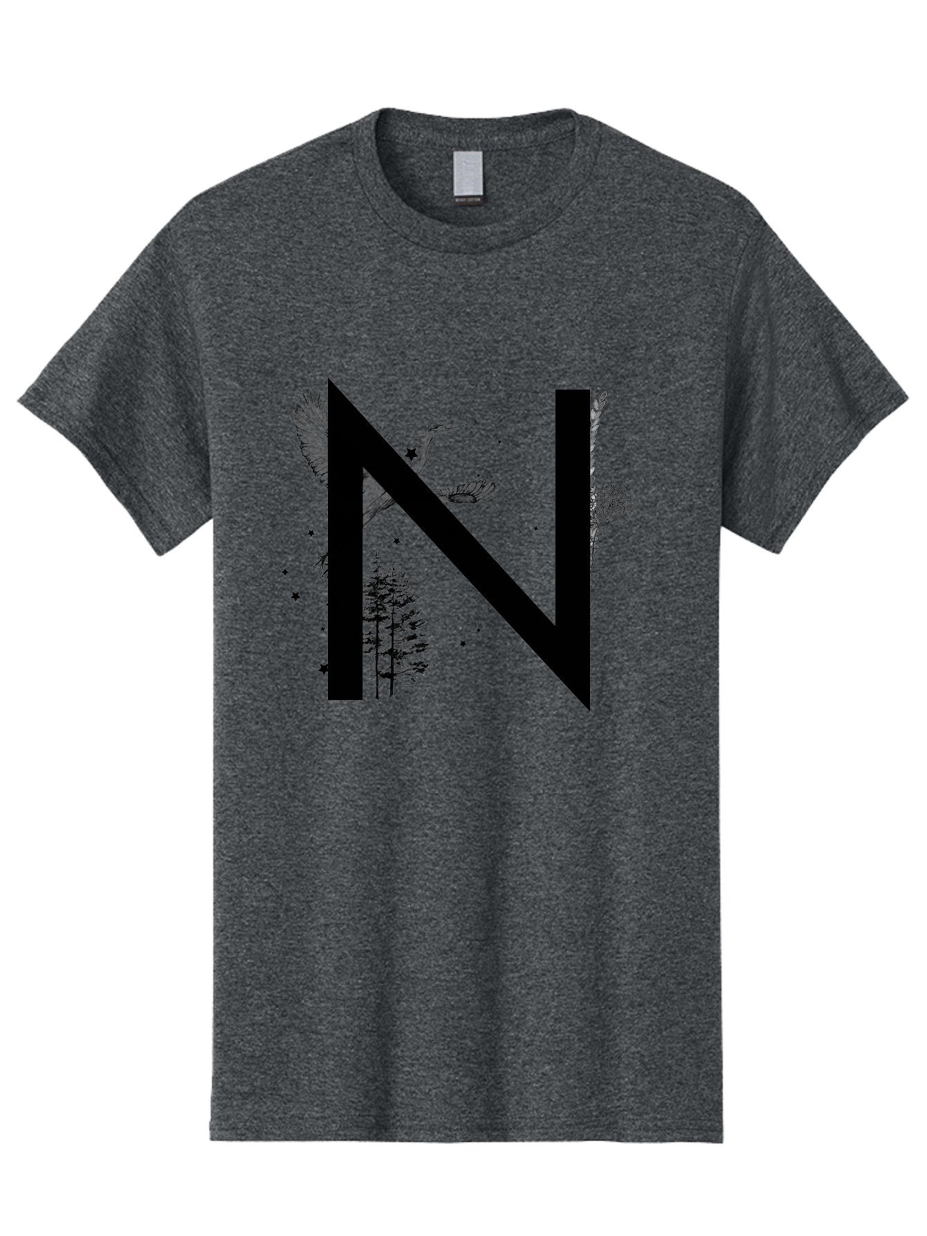 N Men'S Graphic Tee, 100% Cotton, Comfortable Casual Summer Wear, Machine Washable, Stylish N Letter, Logo Design, Nature Inspired, Black Lettering, Floral Elements, Birds In Flight, Stars, Trees, Foliage, Symbolism, Creative Typography Aac338 5
