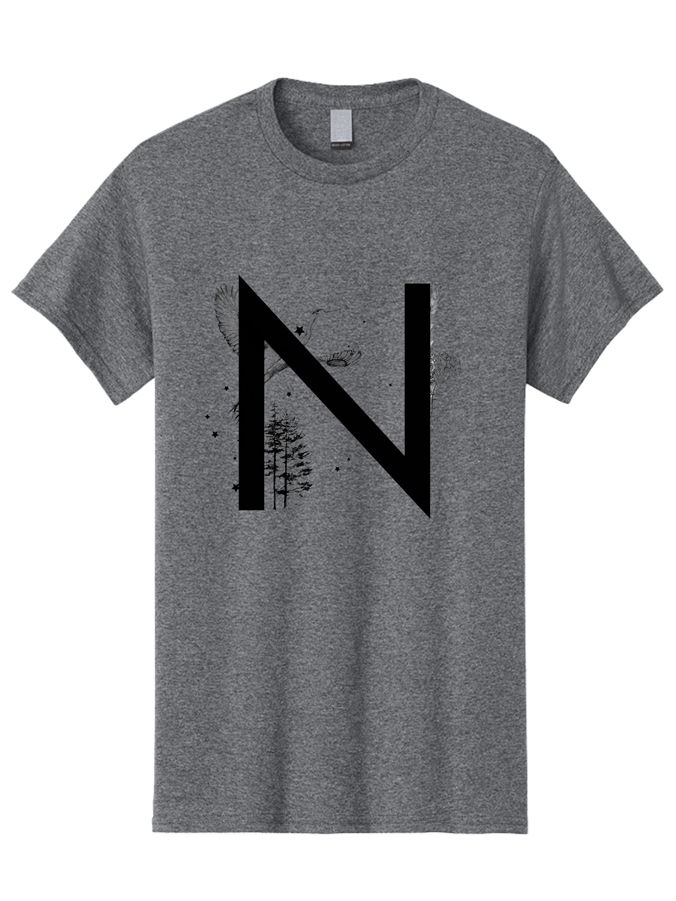 N Men'S Graphic Tee, 100% Cotton, Comfortable Casual Summer Wear, Machine Washable, Stylish N Letter, Logo Design, Nature Inspired, Black Lettering, Floral Elements, Birds In Flight, Stars, Trees, Foliage, Symbolism, Creative Typography Aac338 17