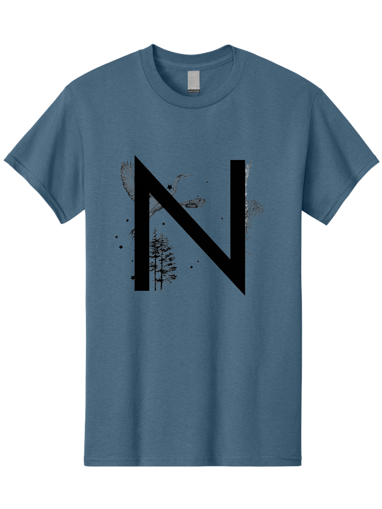 N Men'S Graphic Tee, 100% Cotton, Comfortable Casual Summer Wear, Machine Washable, Stylish N Letter, Logo Design, Nature Inspired, Black Lettering, Floral Elements, Birds In Flight, Stars, Trees, Foliage, Symbolism, Creative Typography Aac338 23