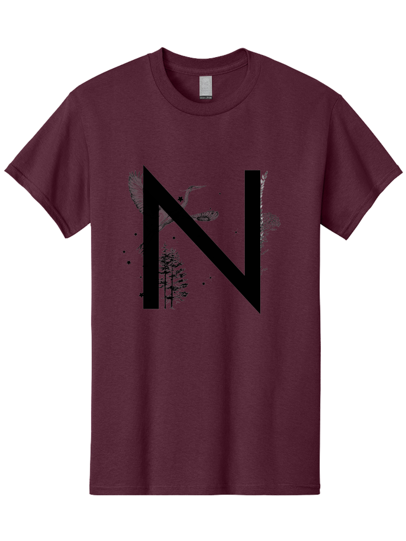 N Men'S Graphic Tee, 100% Cotton, Comfortable Casual Summer Wear, Machine Washable, Stylish N Letter, Logo Design, Nature Inspired, Black Lettering, Floral Elements, Birds In Flight, Stars, Trees, Foliage, Symbolism, Creative Typography Aac338 3