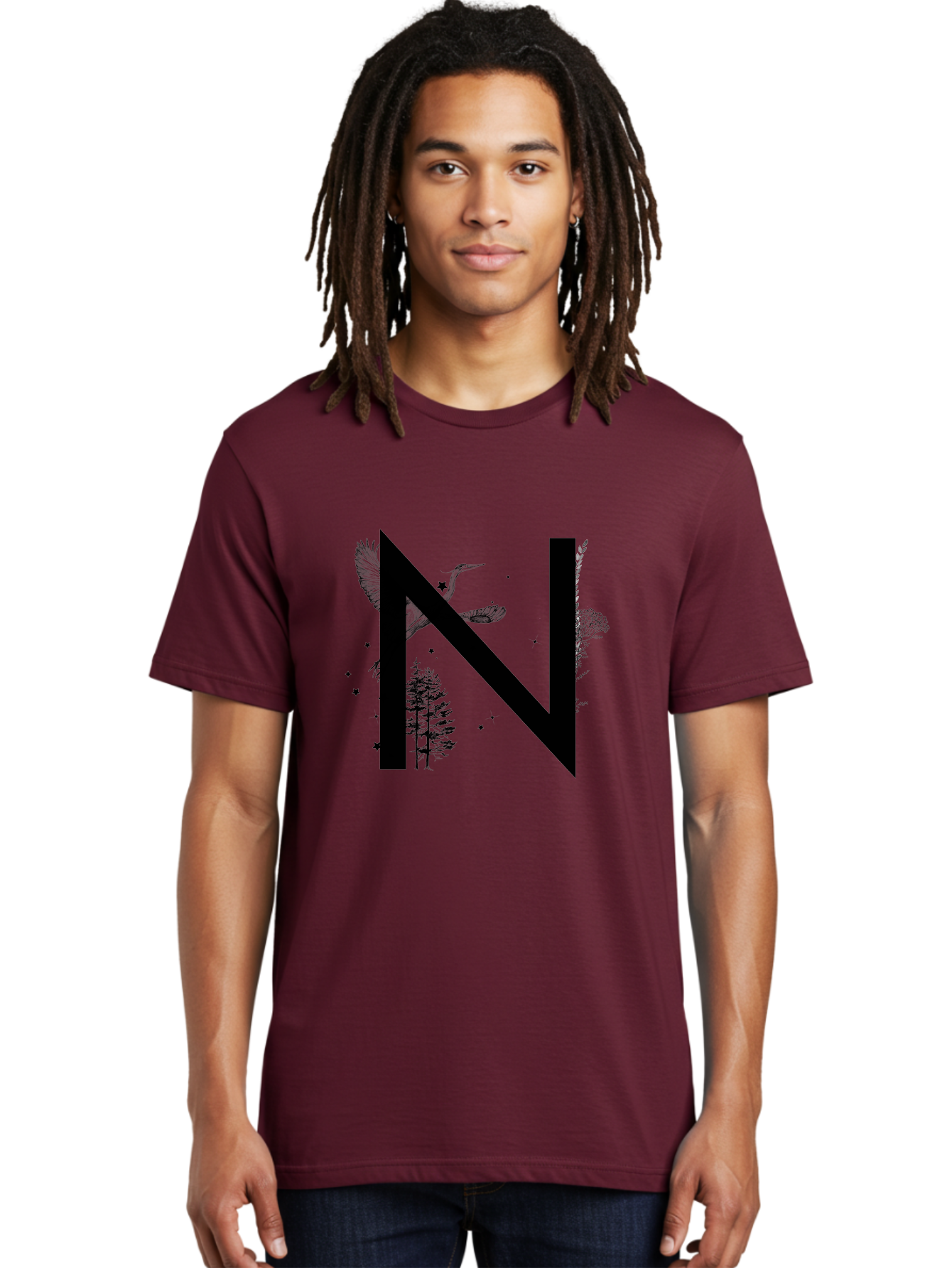 N Men'S Graphic Tee, 100% Cotton, Comfortable Casual Summer Wear, Machine Washable, Stylish N Letter, Logo Design, Nature Inspired, Black Lettering, Floral Elements, Birds In Flight, Stars, Trees, Foliage, Symbolism, Creative Typography Aac338 4