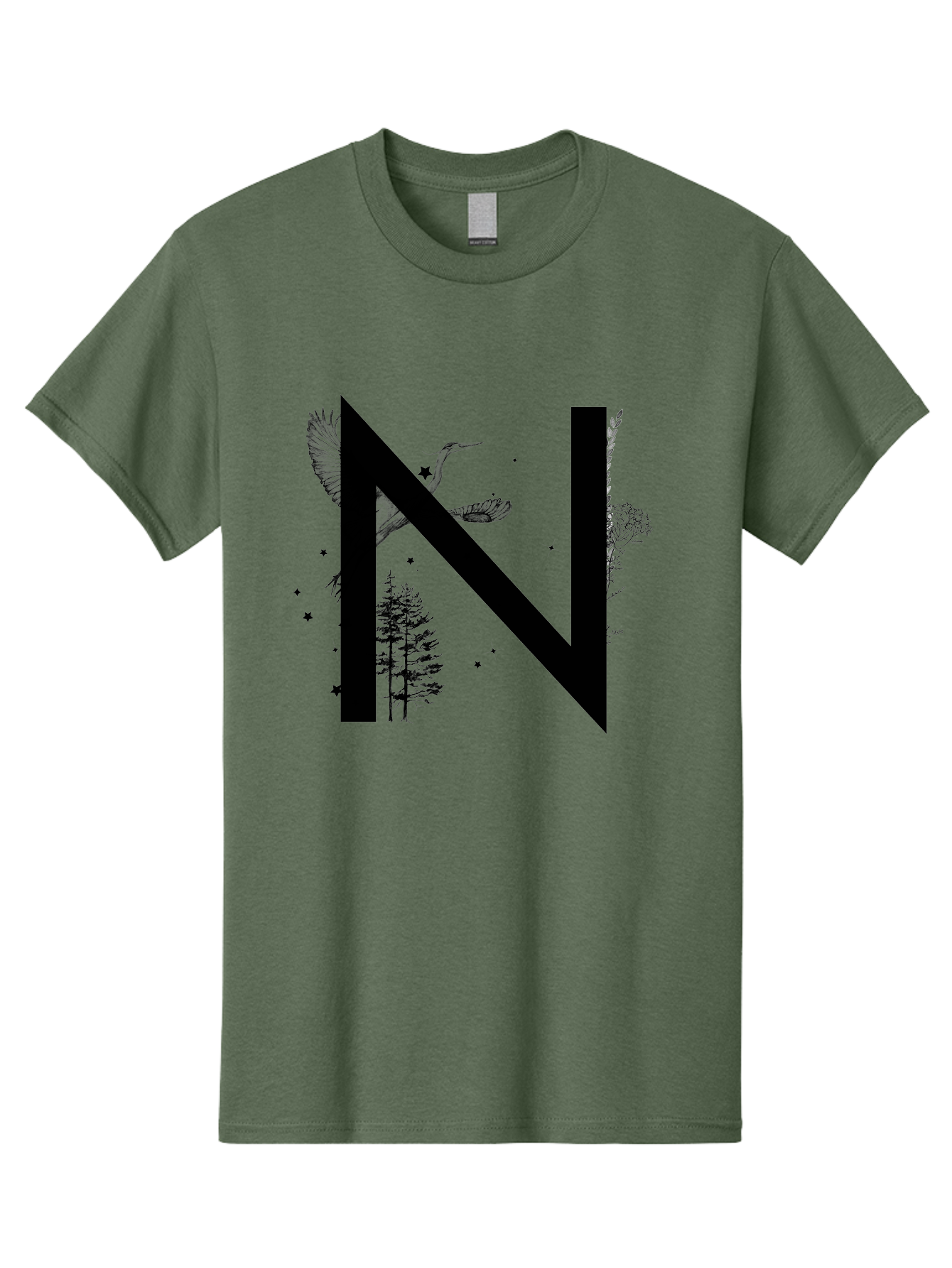N Men'S Graphic Tee, 100% Cotton, Comfortable Casual Summer Wear, Machine Washable, Stylish N Letter, Logo Design, Nature Inspired, Black Lettering, Floral Elements, Birds In Flight, Stars, Trees, Foliage, Symbolism, Creative Typography Aac338 19