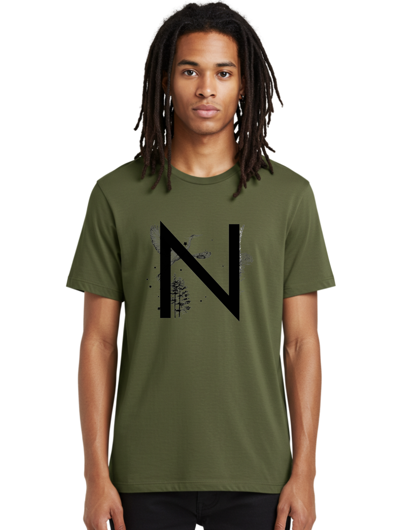 N Men'S Graphic Tee, 100% Cotton, Comfortable Casual Summer Wear, Machine Washable, Stylish N Letter, Logo Design, Nature Inspired, Black Lettering, Floral Elements, Birds In Flight, Stars, Trees, Foliage, Symbolism, Creative Typography Aac338 20