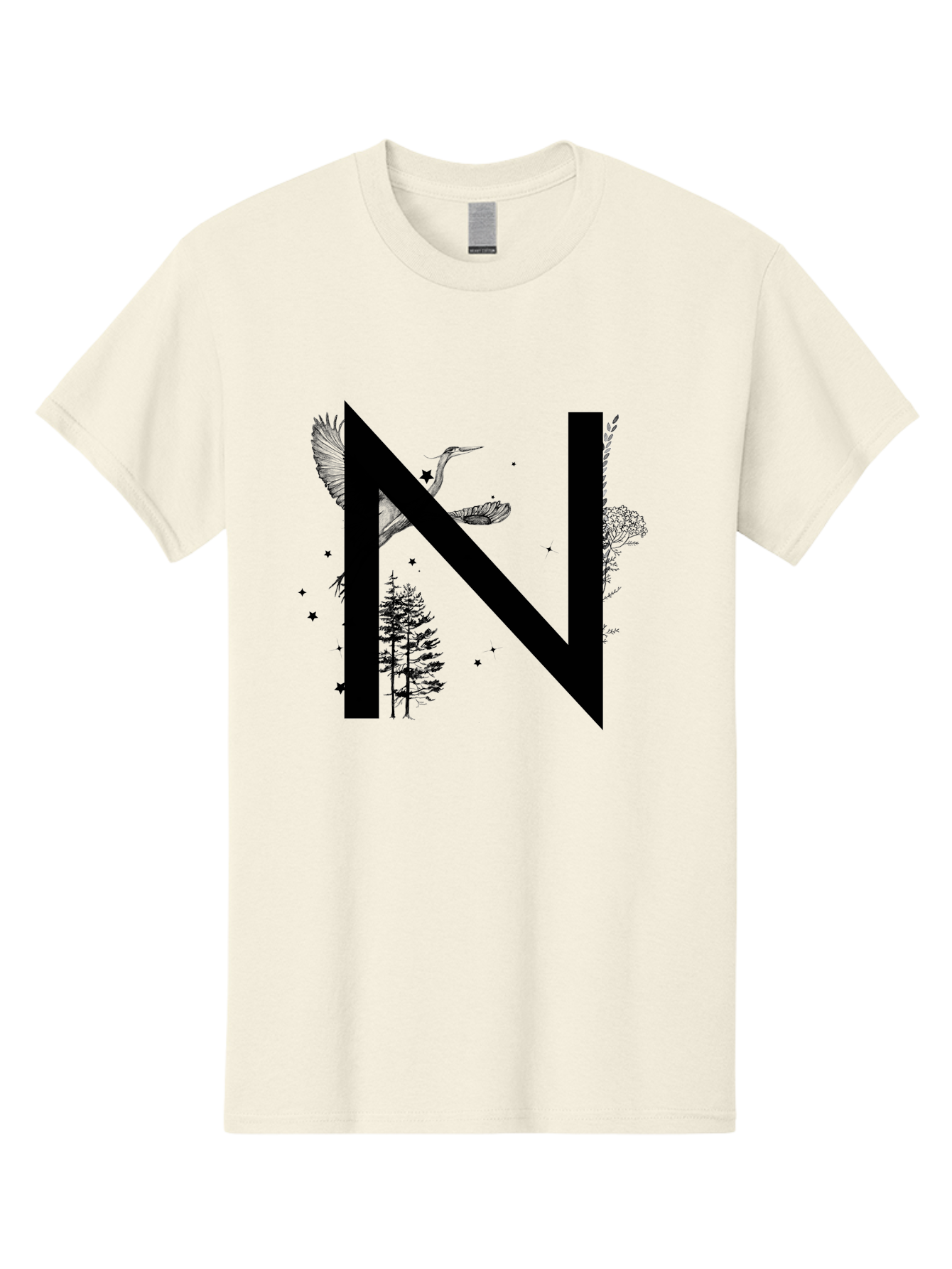 N Men'S Graphic Tee, 100% Cotton, Comfortable Casual Summer Wear, Machine Washable, Stylish N Letter, Logo Design, Nature Inspired, Black Lettering, Floral Elements, Birds In Flight, Stars, Trees, Foliage, Symbolism, Creative Typography Aac338 27