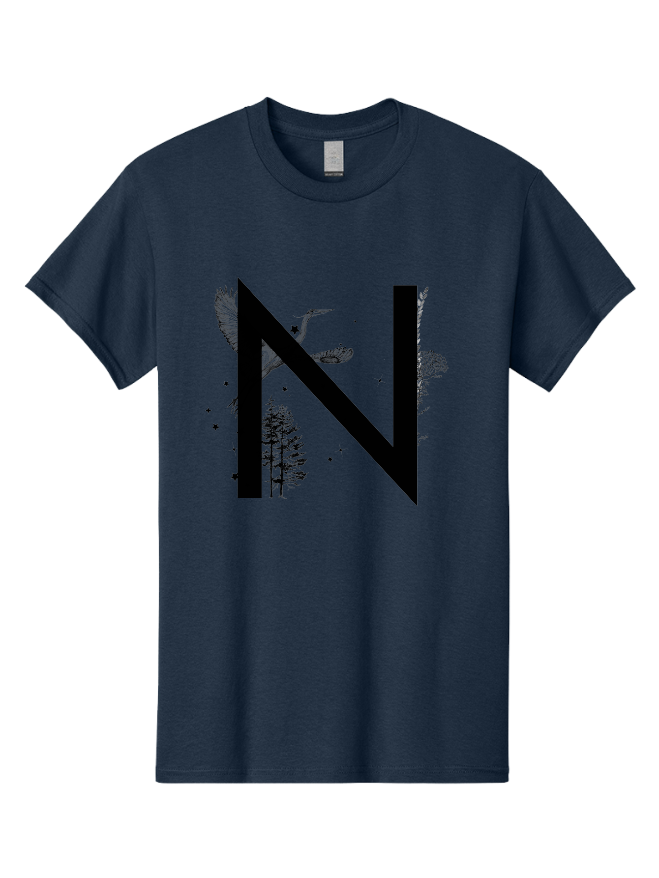 N Men'S Graphic Tee, 100% Cotton, Comfortable Casual Summer Wear, Machine Washable, Stylish N Letter, Logo Design, Nature Inspired, Black Lettering, Floral Elements, Birds In Flight, Stars, Trees, Foliage, Symbolism, Creative Typography Aac338 15