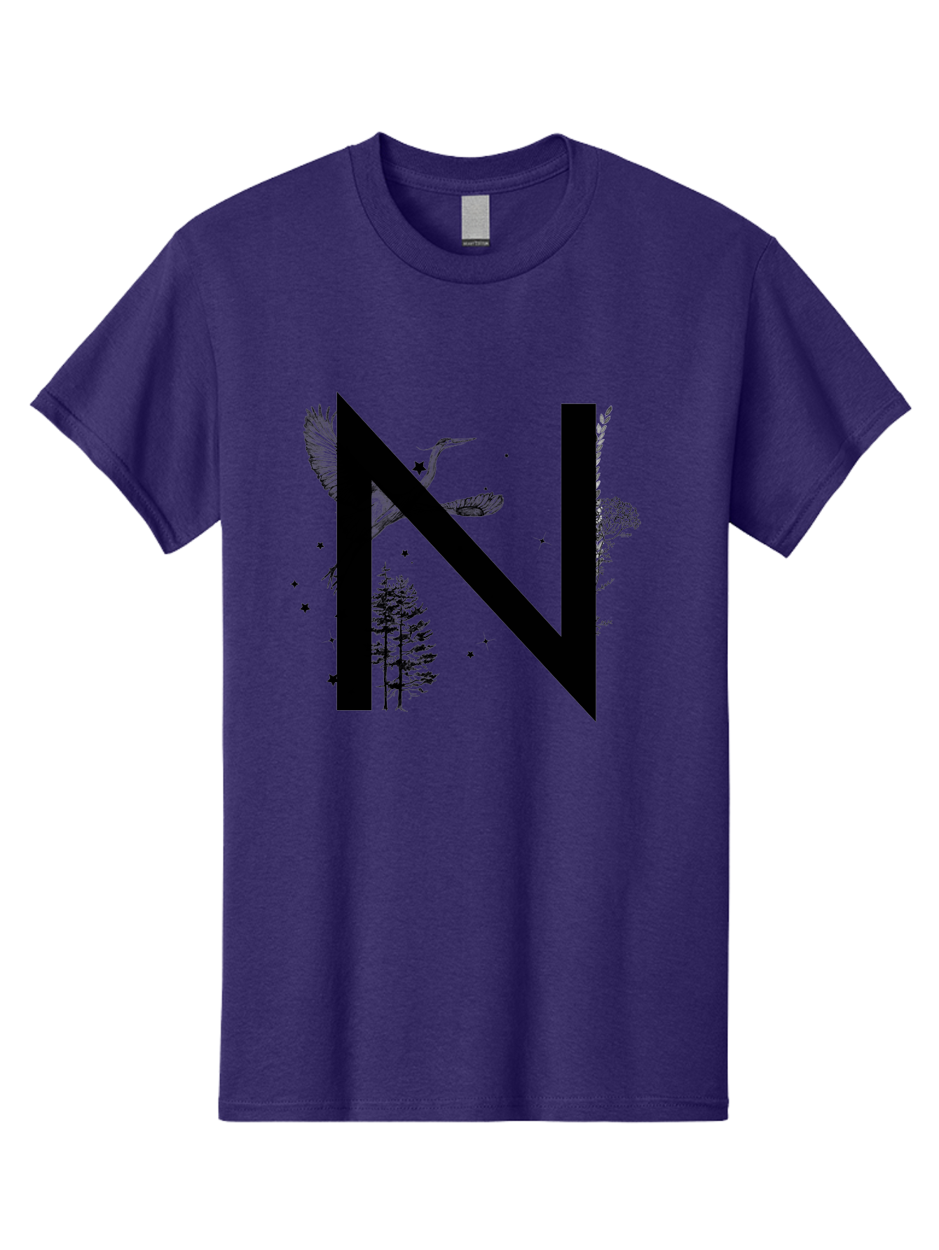 N Men'S Graphic Tee, 100% Cotton, Comfortable Casual Summer Wear, Machine Washable, Stylish N Letter, Logo Design, Nature Inspired, Black Lettering, Floral Elements, Birds In Flight, Stars, Trees, Foliage, Symbolism, Creative Typography Aac338 11