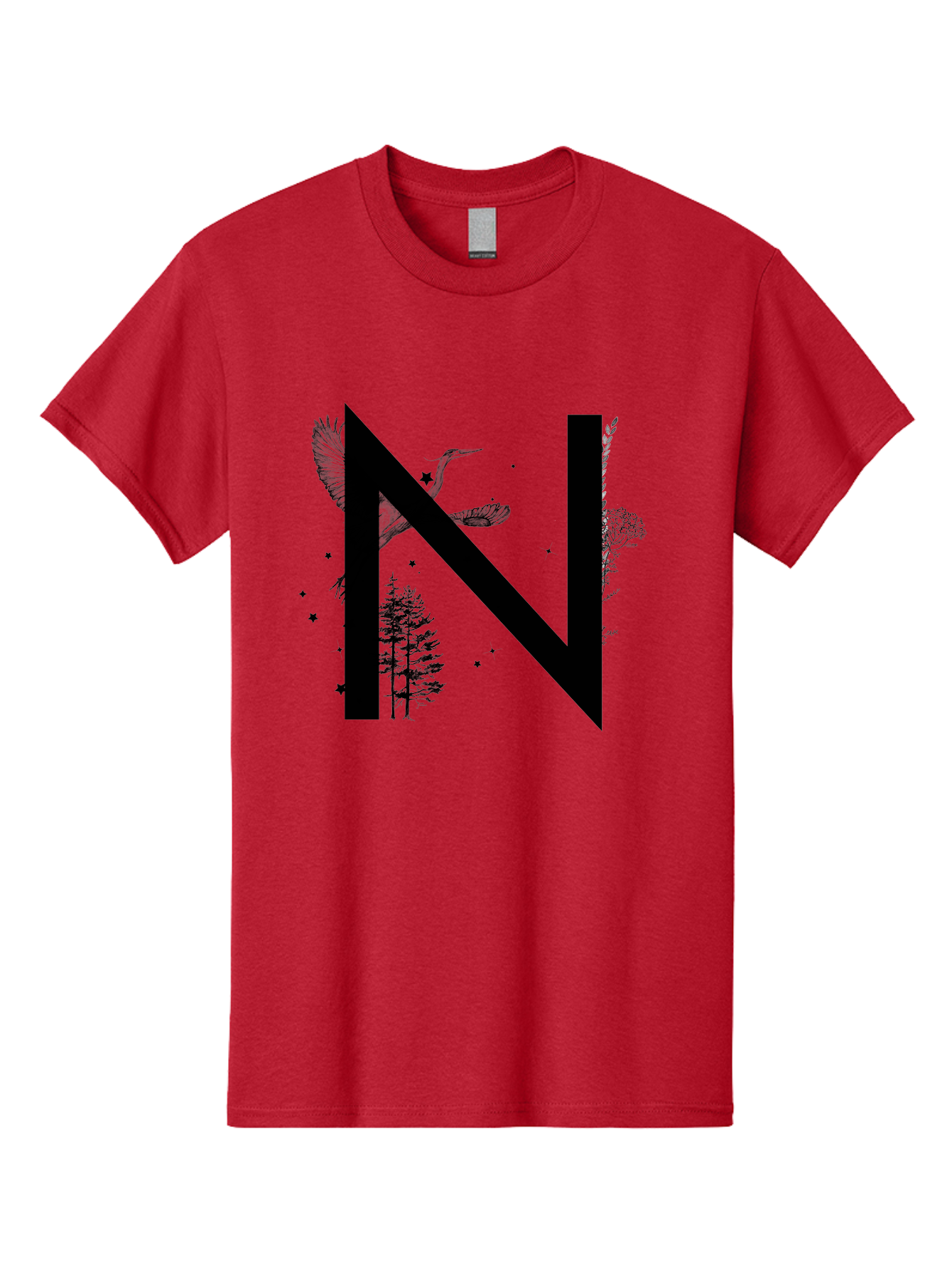 N Men'S Graphic Tee, 100% Cotton, Comfortable Casual Summer Wear, Machine Washable, Stylish N Letter, Logo Design, Nature Inspired, Black Lettering, Floral Elements, Birds In Flight, Stars, Trees, Foliage, Symbolism, Creative Typography Aac338 25