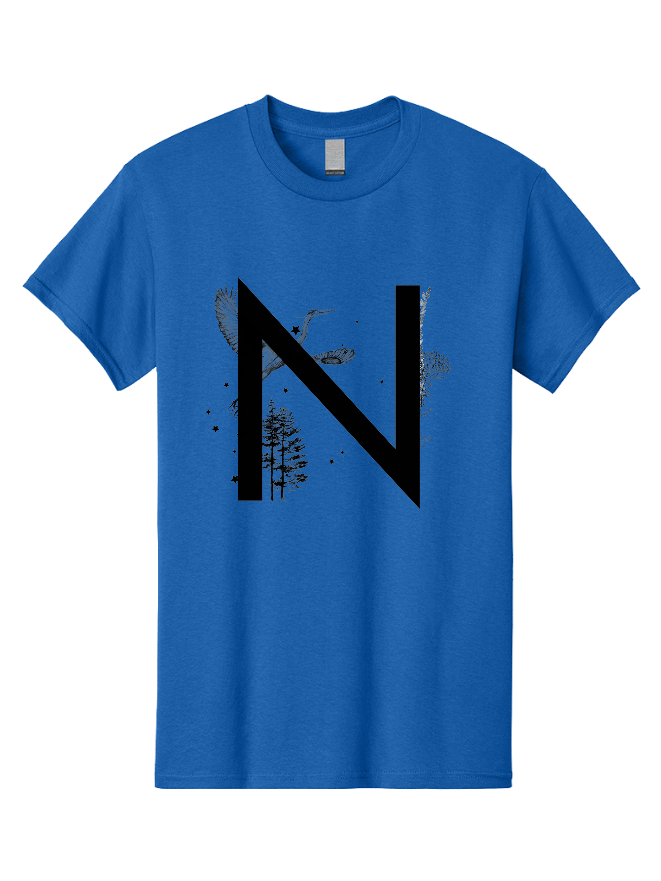 N Men'S Graphic Tee, 100% Cotton, Comfortable Casual Summer Wear, Machine Washable, Stylish N Letter, Logo Design, Nature Inspired, Black Lettering, Floral Elements, Birds In Flight, Stars, Trees, Foliage, Symbolism, Creative Typography Aac338 1
