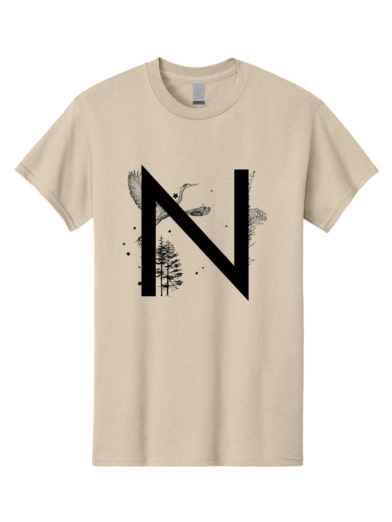 N Men'S Graphic Tee, 100% Cotton, Comfortable Casual Summer Wear, Machine Washable, Stylish N Letter, Logo Design, Nature Inspired, Black Lettering, Floral Elements, Birds In Flight, Stars, Trees, Foliage, Symbolism, Creative Typography Aac338 7
