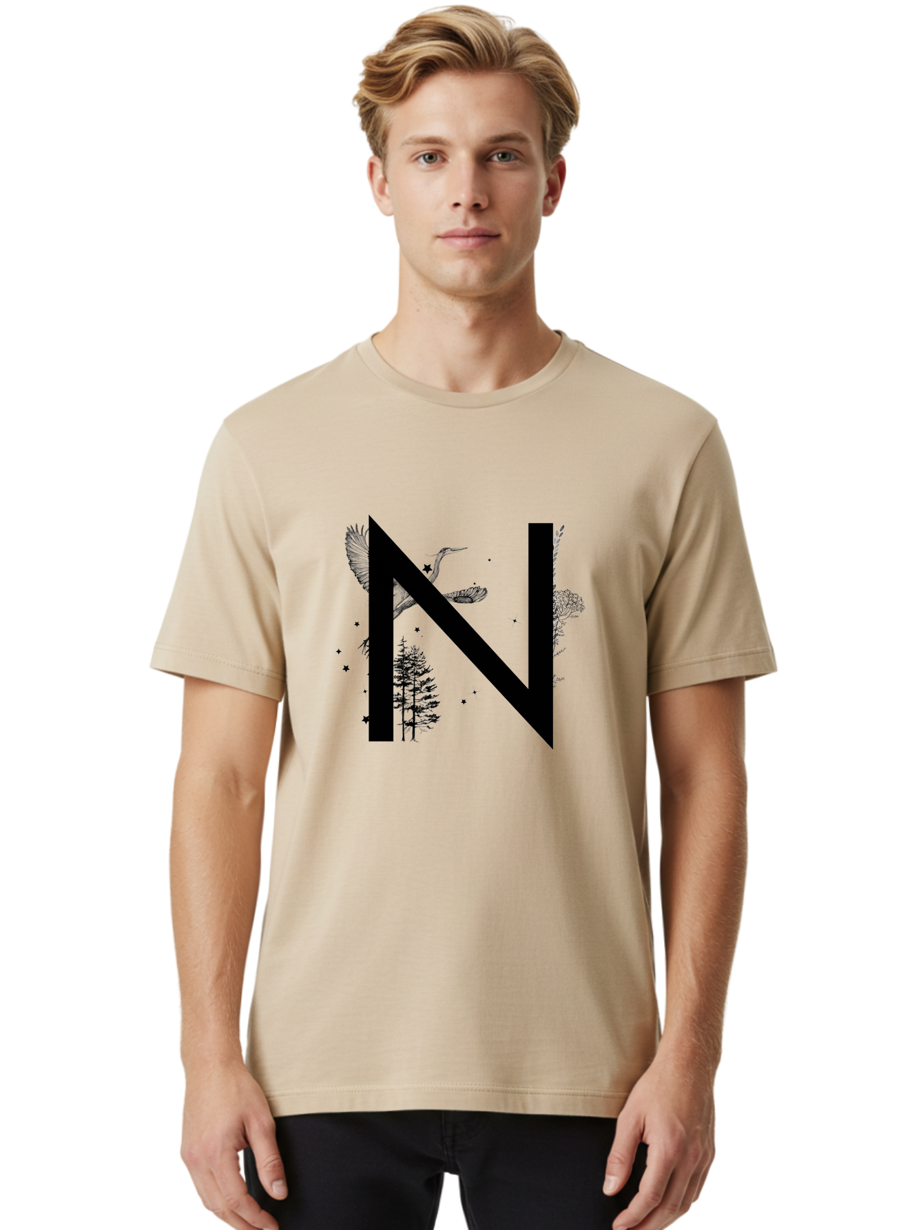 N Men'S Graphic Tee, 100% Cotton, Comfortable Casual Summer Wear, Machine Washable, Stylish N Letter, Logo Design, Nature Inspired, Black Lettering, Floral Elements, Birds In Flight, Stars, Trees, Foliage, Symbolism, Creative Typography Aac338 8