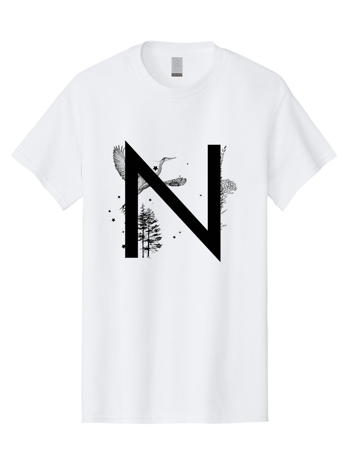 N Men'S Graphic Tee, 100% Cotton, Comfortable Casual Summer Wear, Machine Washable, Stylish N Letter, Logo Design, Nature Inspired, Black Lettering, Floral Elements, Birds In Flight, Stars, Trees, Foliage, Symbolism, Creative Typography Aac338 29