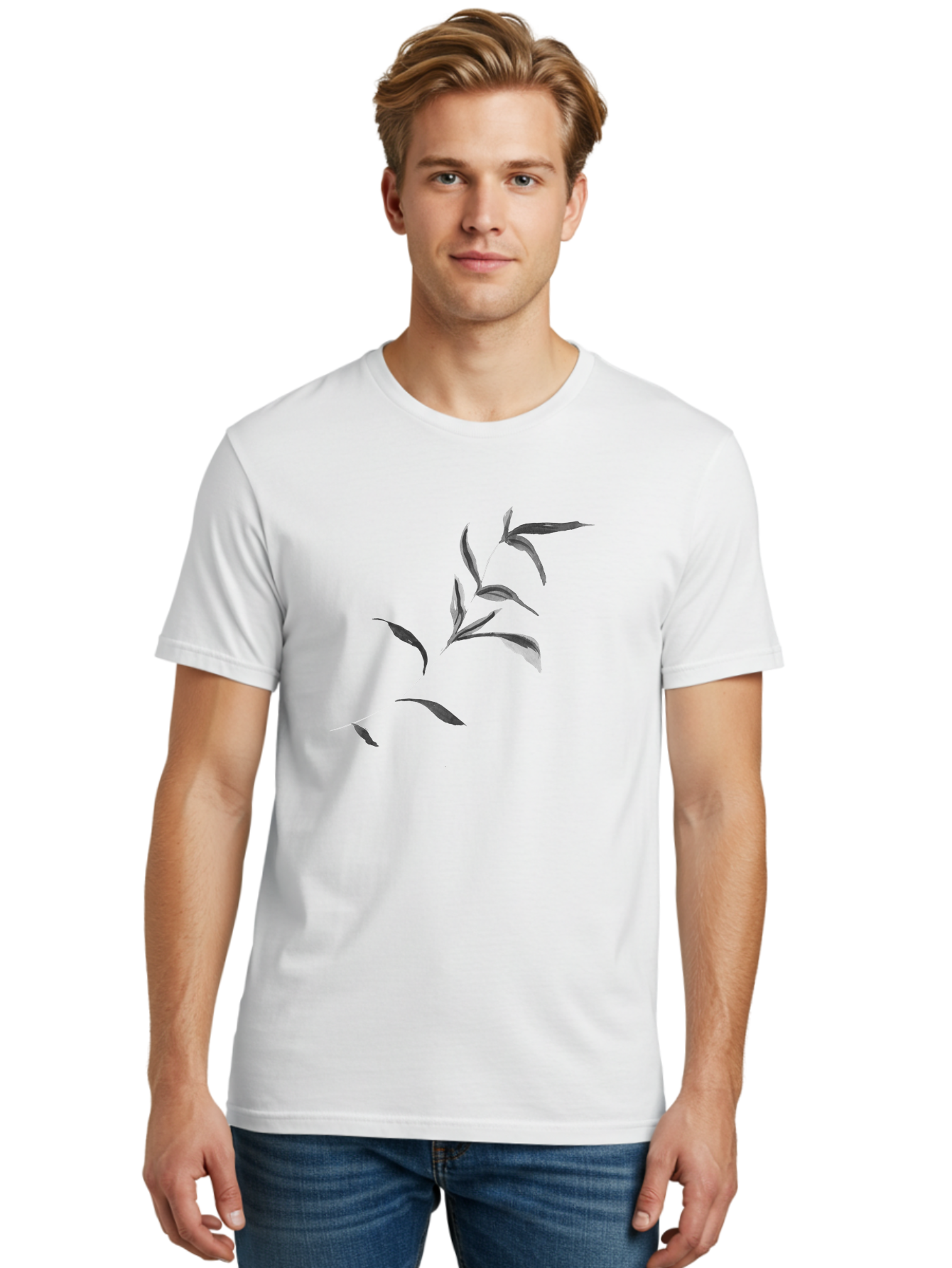 Olive-Branch Men'S Graphic Tee, 100% Cotton, Comfortable Casual Summer Wear, Machine Washable, Black And White Leaves, Foliage, Botanical Illustration, Leafy Branch, Simple Design, Minimalist Art, Plant Graphics Aac340 2