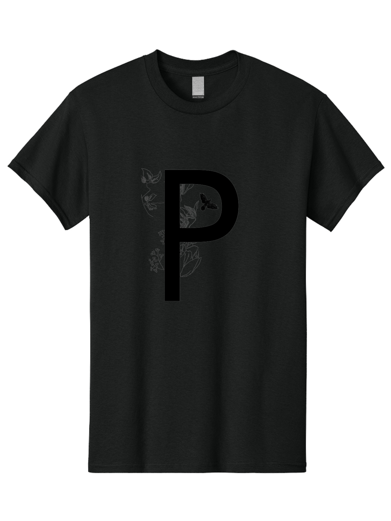 P Men'S Graphic Tee, 100% Cotton, Comfortable Casual Summer Wear, Machine Washable, Large Letter P, Botanical Elements, Butterflies, Floral Design, Minimalist Illustration, Black And Green Color Scheme, Simple Graphics, Typography Aac341 15