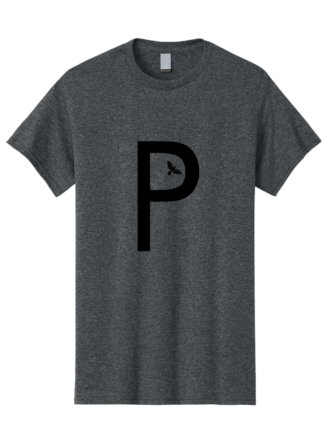 P Men'S Graphic Tee, 100% Cotton, Comfortable Casual Summer Wear, Machine Washable, Large Letter P, Botanical Elements, Butterflies, Floral Design, Minimalist Illustration, Black And Green Color Scheme, Simple Graphics, Typography Aac341 23