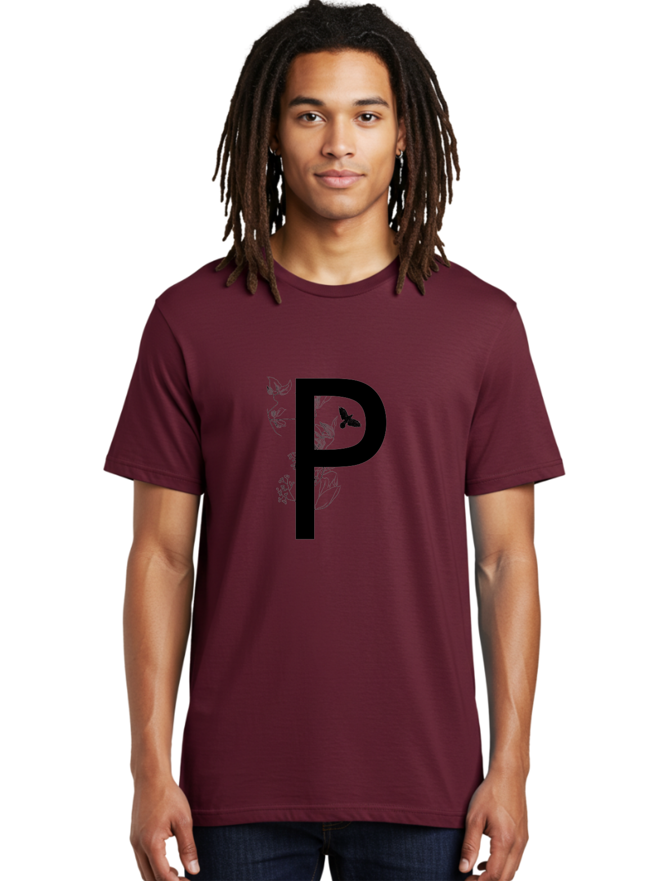 P Men'S Graphic Tee, 100% Cotton, Comfortable Casual Summer Wear, Machine Washable, Large Letter P, Botanical Elements, Butterflies, Floral Design, Minimalist Illustration, Black And Green Color Scheme, Simple Graphics, Typography Aac341 28