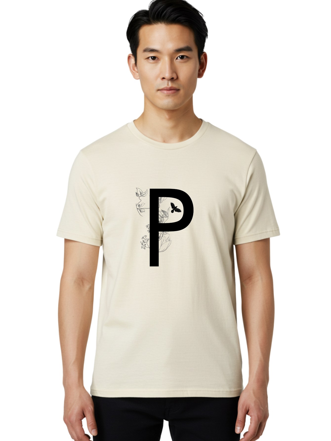 P Men'S Graphic Tee, 100% Cotton, Comfortable Casual Summer Wear, Machine Washable, Large Letter P, Botanical Elements, Butterflies, Floral Design, Minimalist Illustration, Black And Green Color Scheme, Simple Graphics, Typography Aac341 26
