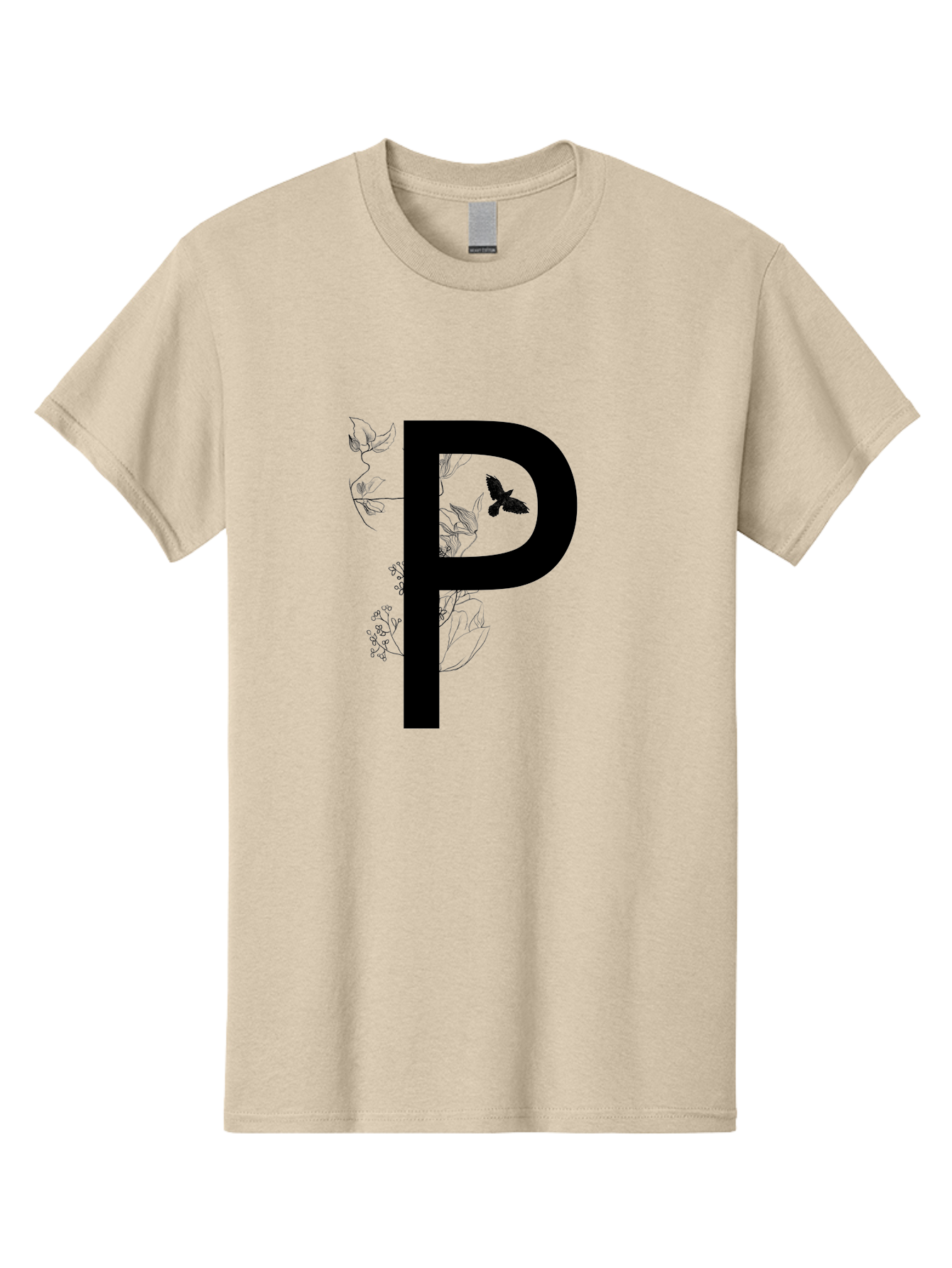 P Men'S Graphic Tee, 100% Cotton, Comfortable Casual Summer Wear, Machine Washable, Large Letter P, Botanical Elements, Butterflies, Floral Design, Minimalist Illustration, Black And Green Color Scheme, Simple Graphics, Typography Aac341 5