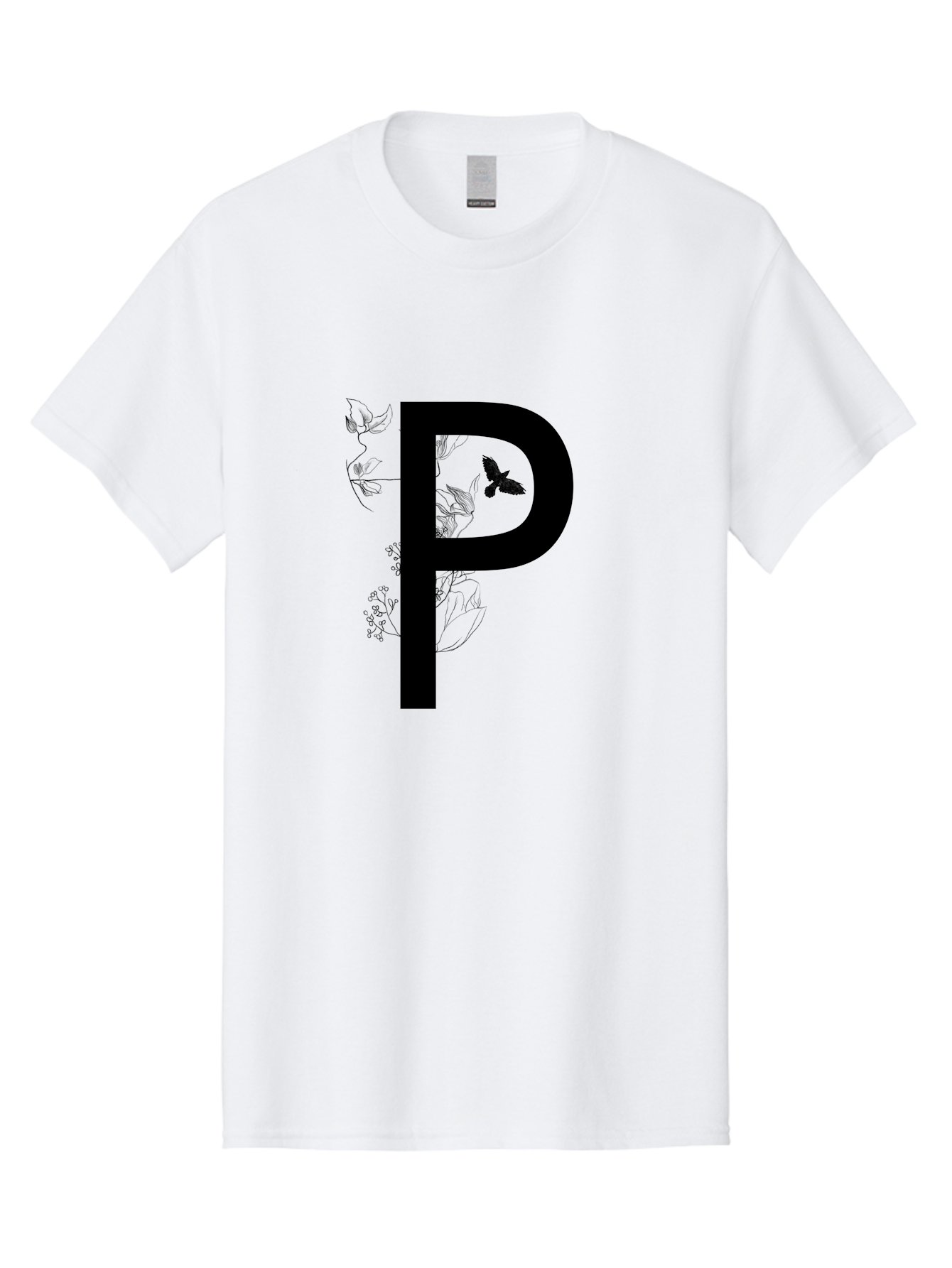 P Men'S Graphic Tee, 100% Cotton, Comfortable Casual Summer Wear, Machine Washable, Large Letter P, Botanical Elements, Butterflies, Floral Design, Minimalist Illustration, Black And Green Color Scheme, Simple Graphics, Typography Aac341 11