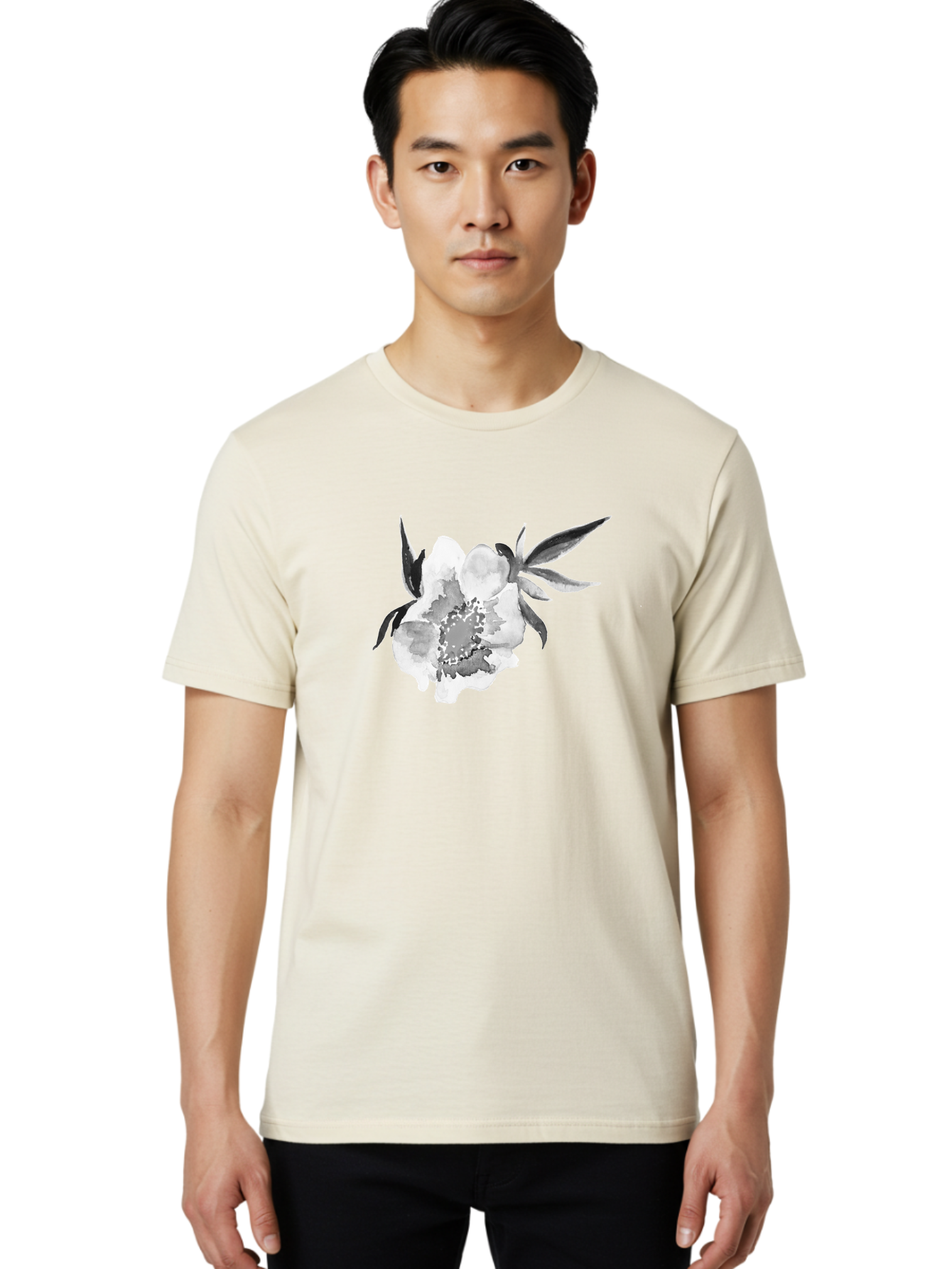 Peony-Flower Men'S Graphic Tee, 100% Cotton, Comfortable Casual Summer Wear, Machine Washable, Black And White Peony, Watercolor Painting, Flower Illustration, Artistic Design, Botanical Art, Grayscale Flowers, Delicate Petals, Floral Pattern Aac343 6