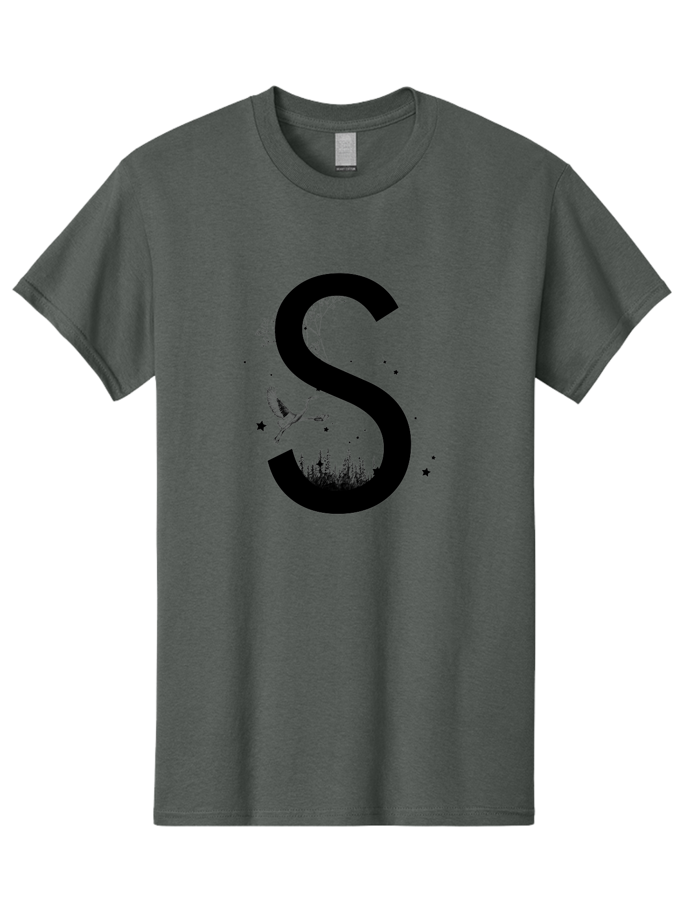 S Men'S Graphic Tee, 100% Cotton, Comfortable Casual Summer Wear, Machine Washable, Stylized Letter S, Witch On A Broomstick, Forest Landscape, Flying Bird, Mystical Stars, Whimsical Design, Fantasy Elements, Magical Atmosphere, Aac348 13