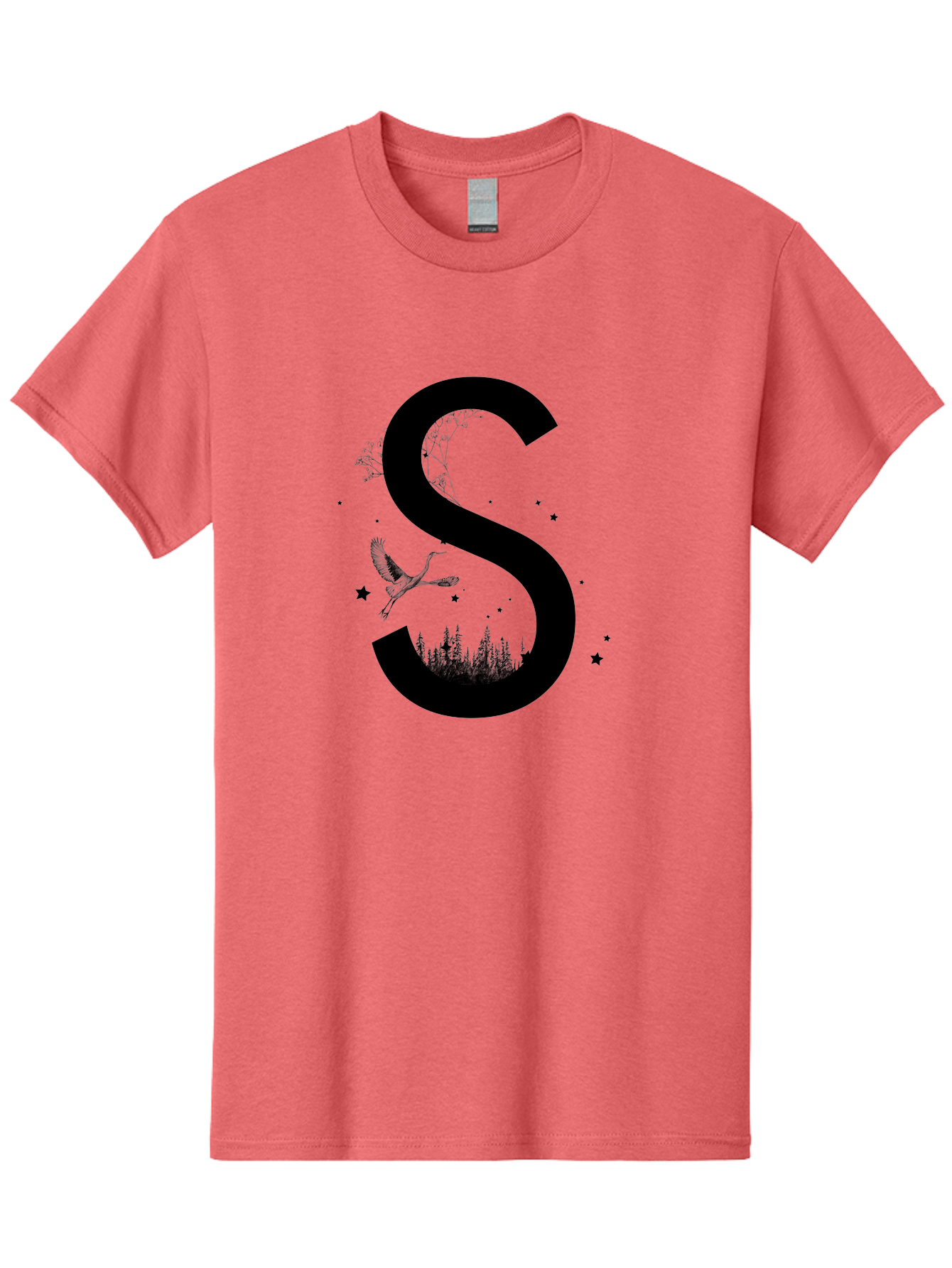 S Men'S Graphic Tee, 100% Cotton, Comfortable Casual Summer Wear, Machine Washable, Stylized Letter S, Witch On A Broomstick, Forest Landscape, Flying Bird, Mystical Stars, Whimsical Design, Fantasy Elements, Magical Atmosphere, Aac348 11