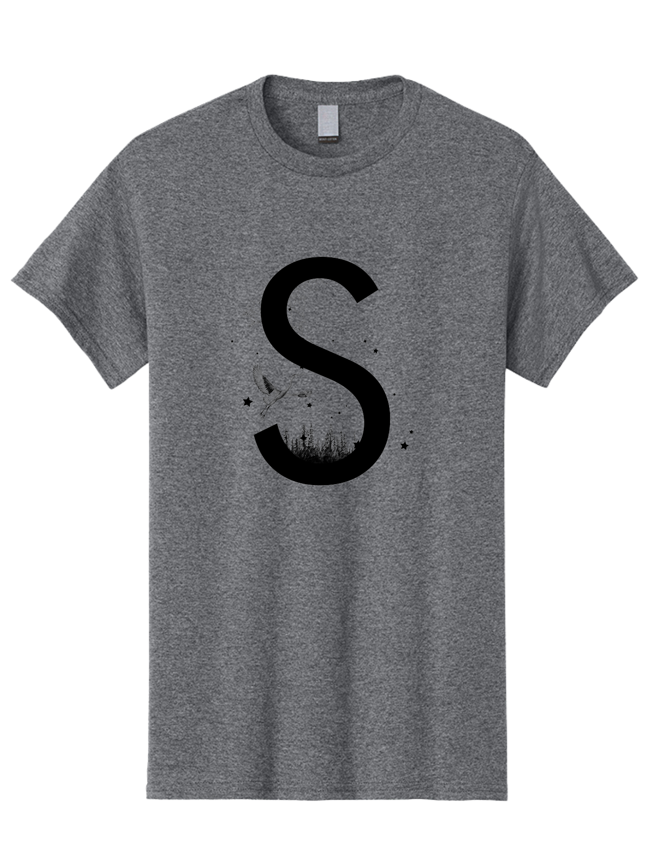 S Men'S Graphic Tee, 100% Cotton, Comfortable Casual Summer Wear, Machine Washable, Stylized Letter S, Witch On A Broomstick, Forest Landscape, Flying Bird, Mystical Stars, Whimsical Design, Fantasy Elements, Magical Atmosphere, Aac348 21