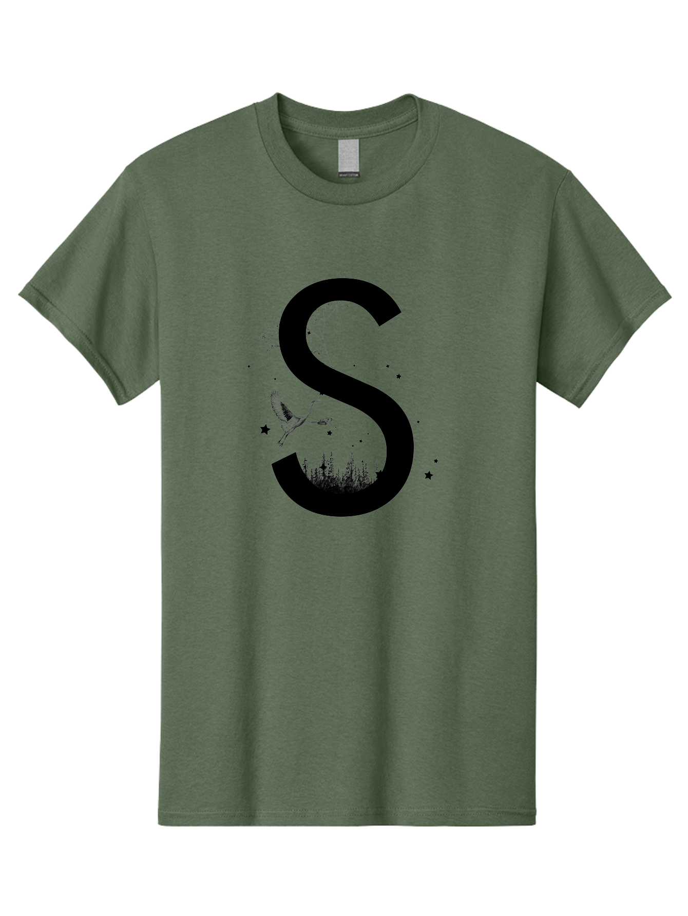 S Men'S Graphic Tee, 100% Cotton, Comfortable Casual Summer Wear, Machine Washable, Stylized Letter S, Witch On A Broomstick, Forest Landscape, Flying Bird, Mystical Stars, Whimsical Design, Fantasy Elements, Magical Atmosphere, Aac348 15