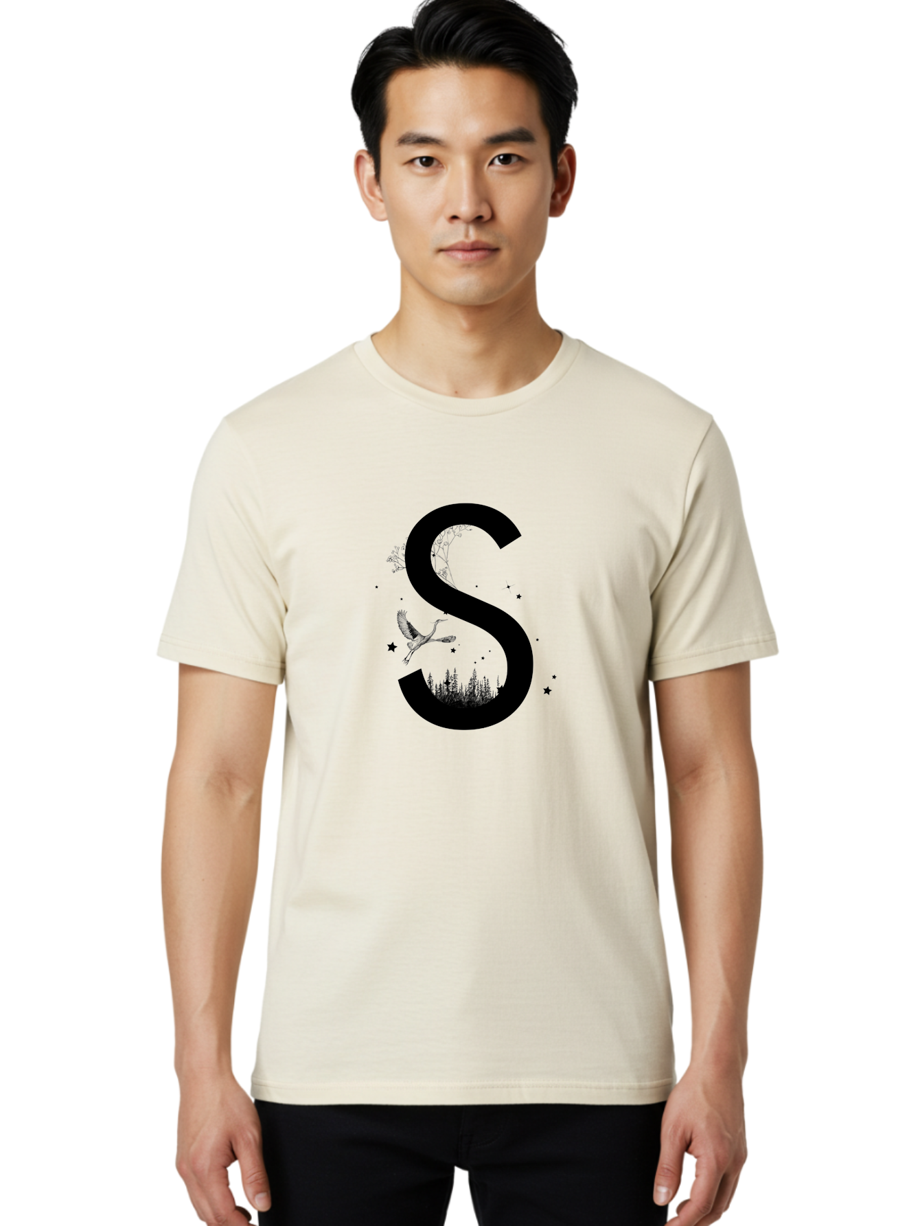 S Men'S Graphic Tee, 100% Cotton, Comfortable Casual Summer Wear, Machine Washable, Stylized Letter S, Witch On A Broomstick, Forest Landscape, Flying Bird, Mystical Stars, Whimsical Design, Fantasy Elements, Magical Atmosphere, Aac348 8