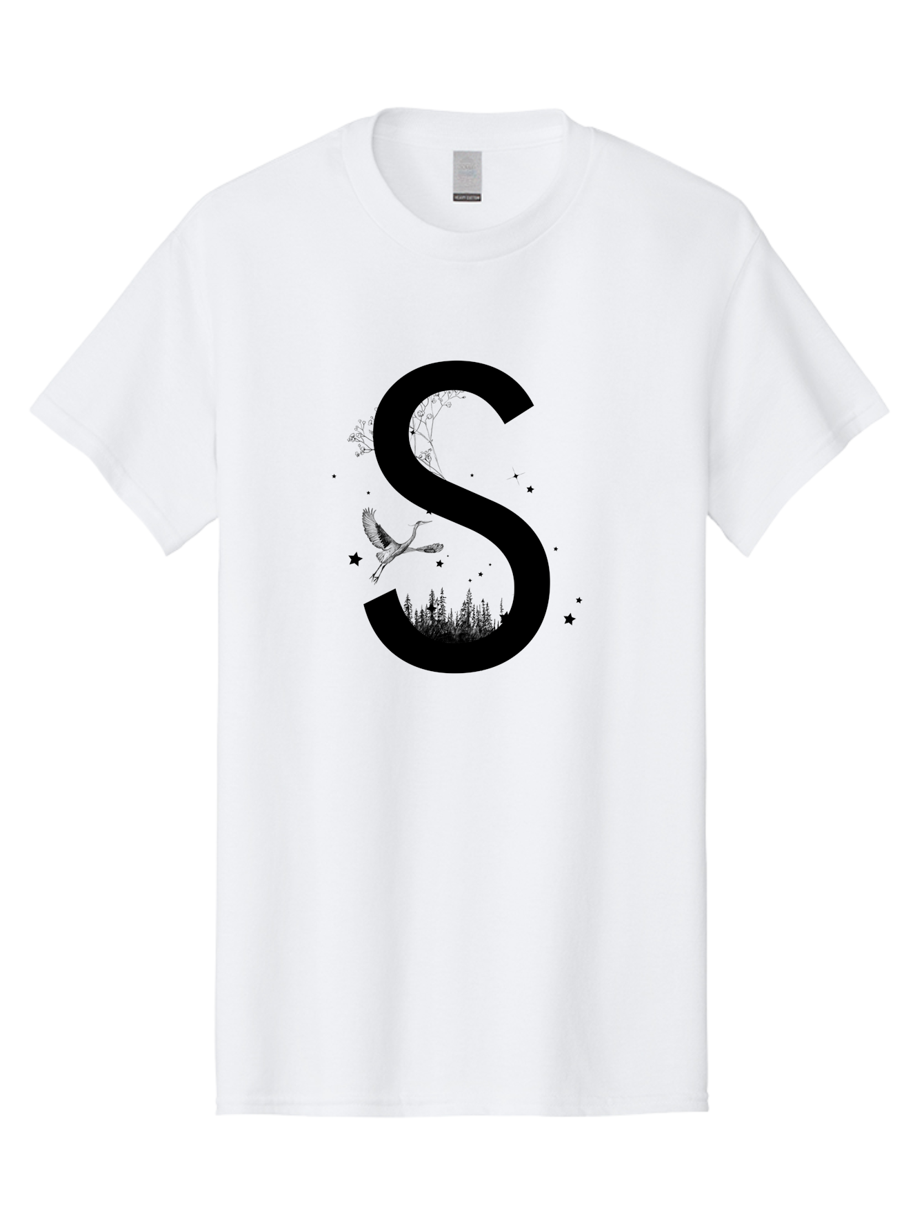 S Men'S Graphic Tee, 100% Cotton, Comfortable Casual Summer Wear, Machine Washable, Stylized Letter S, Witch On A Broomstick, Forest Landscape, Flying Bird, Mystical Stars, Whimsical Design, Fantasy Elements, Magical Atmosphere, Aac348 19