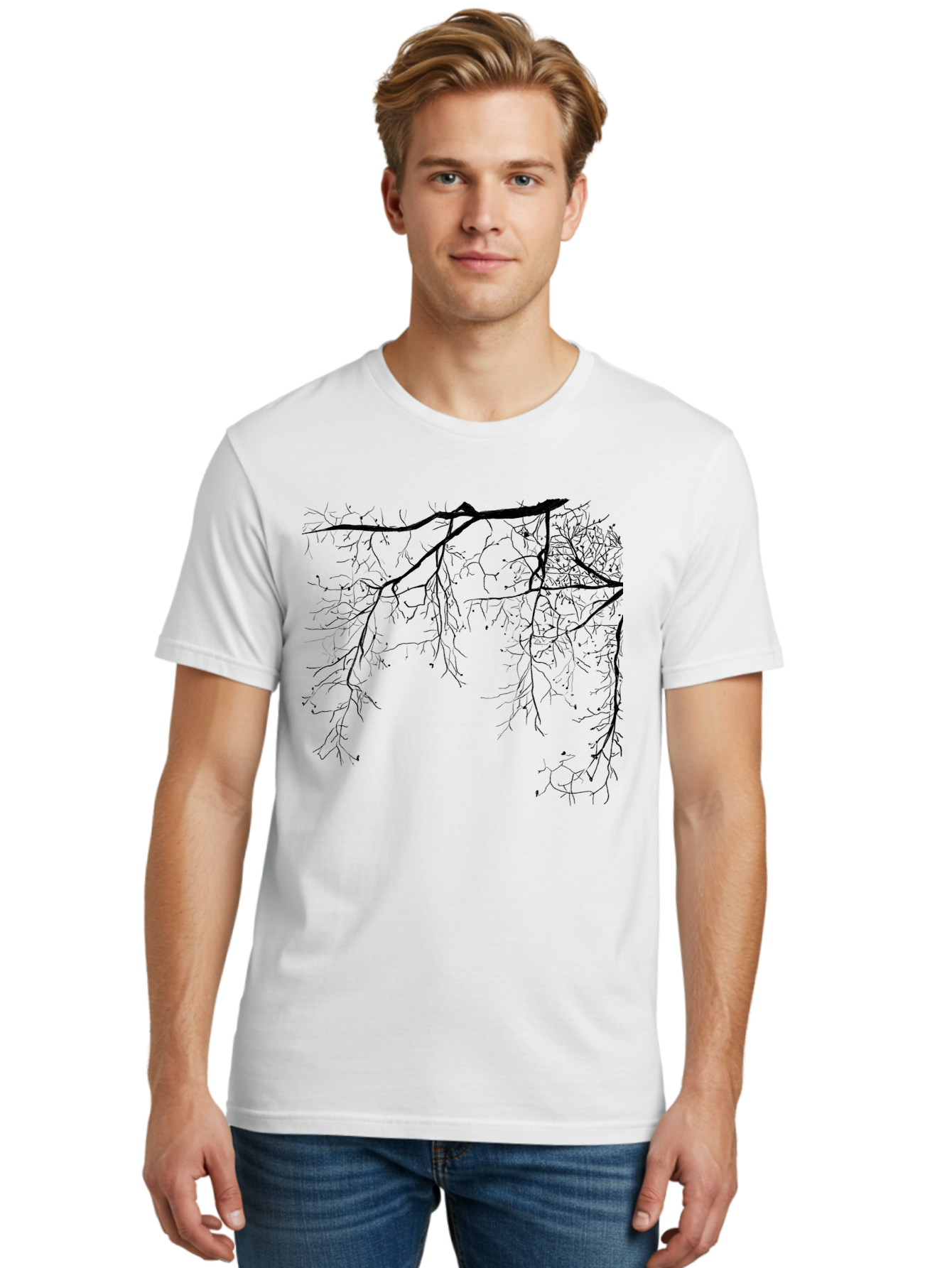 Tree-Branches Men'S Graphic Tee, 100% Cotton, Comfortable Casual Summer Wear, Machine Washable, Bare Tree Branches, Black Silhouettes, Intricate Patterns, Winter Scenery, Seasonal Change, Natural Beauty, Artistic Design Aac354 4