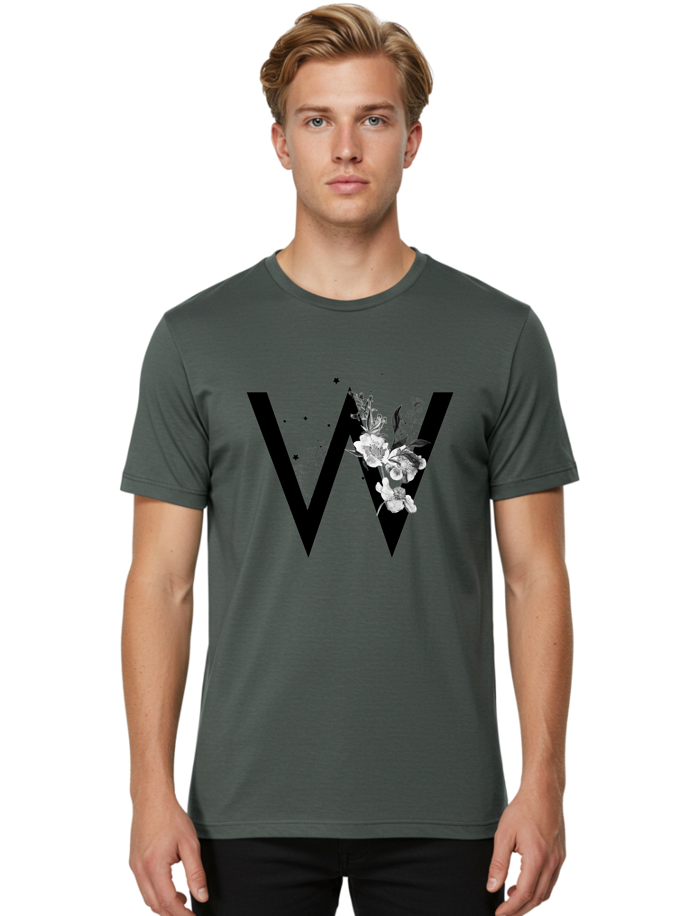 W Men'S Graphic Tee, 100% Cotton, Comfortable Casual Summer Wear, Machine Washable, Floral Letter W, Black And White Flowers, Elegant Design, Floral Theme, Typography, Artistic Lettering, Decorative Alphabet, Flowers And Stars Aac360 8
