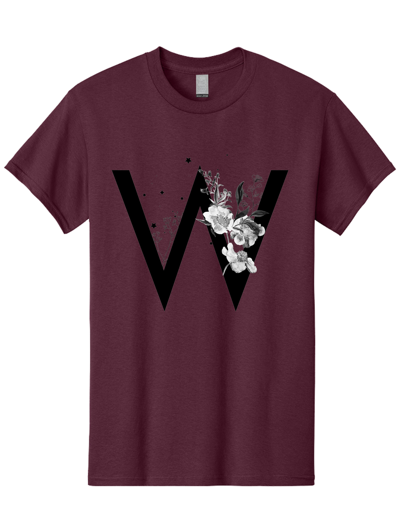 W Men'S Graphic Tee, 100% Cotton, Comfortable Casual Summer Wear, Machine Washable, Floral Letter W, Black And White Flowers, Elegant Design, Floral Theme, Typography, Artistic Lettering, Decorative Alphabet, Flowers And Stars Aac360 1