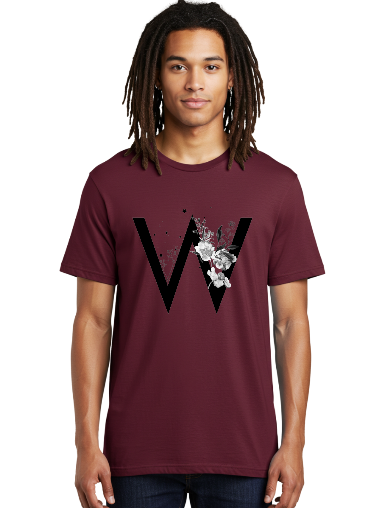 W Men'S Graphic Tee, 100% Cotton, Comfortable Casual Summer Wear, Machine Washable, Floral Letter W, Black And White Flowers, Elegant Design, Floral Theme, Typography, Artistic Lettering, Decorative Alphabet, Flowers And Stars Aac360 2