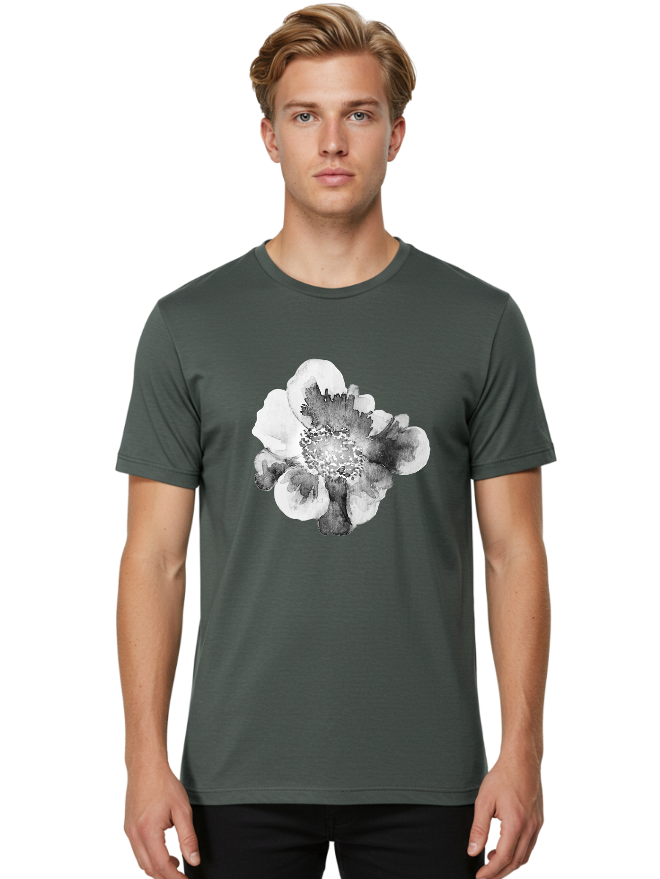 Watercolor-Flower Men'S Graphic Tee, 100% Cotton, Comfortable Casual Summer Wear, Machine Washable, Watercolor Flower, Black And White Petals, Delicate Artwork, Floral Design, Artistic Expression, Elegant Simplicity, Minimalist Style, Aac361 6