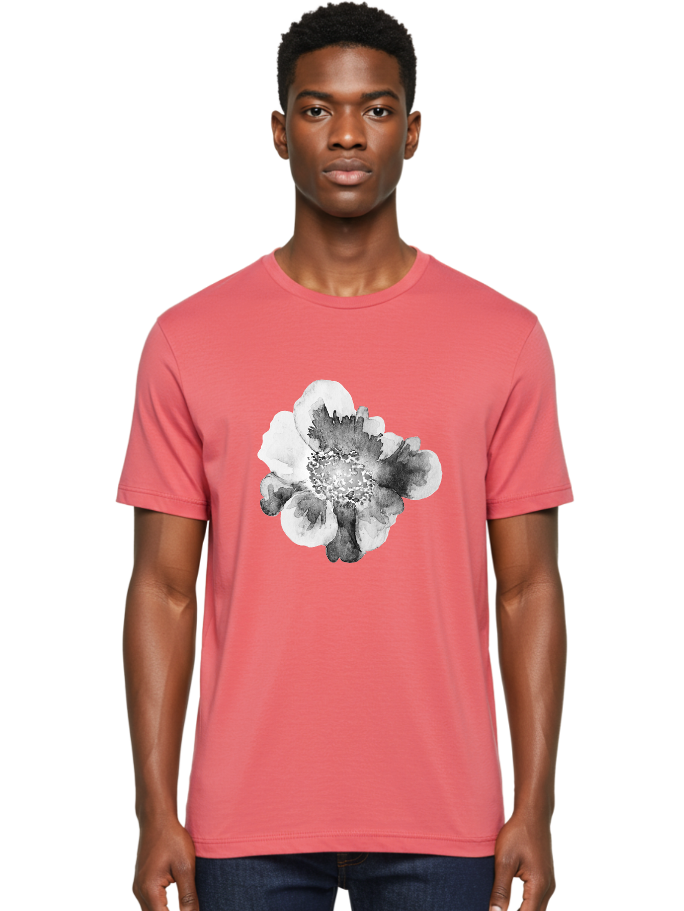 Watercolor-Flower Men'S Graphic Tee, 100% Cotton, Comfortable Casual Summer Wear, Machine Washable, Watercolor Flower, Black And White Petals, Delicate Artwork, Floral Design, Artistic Expression, Elegant Simplicity, Minimalist Style, Aac361 18