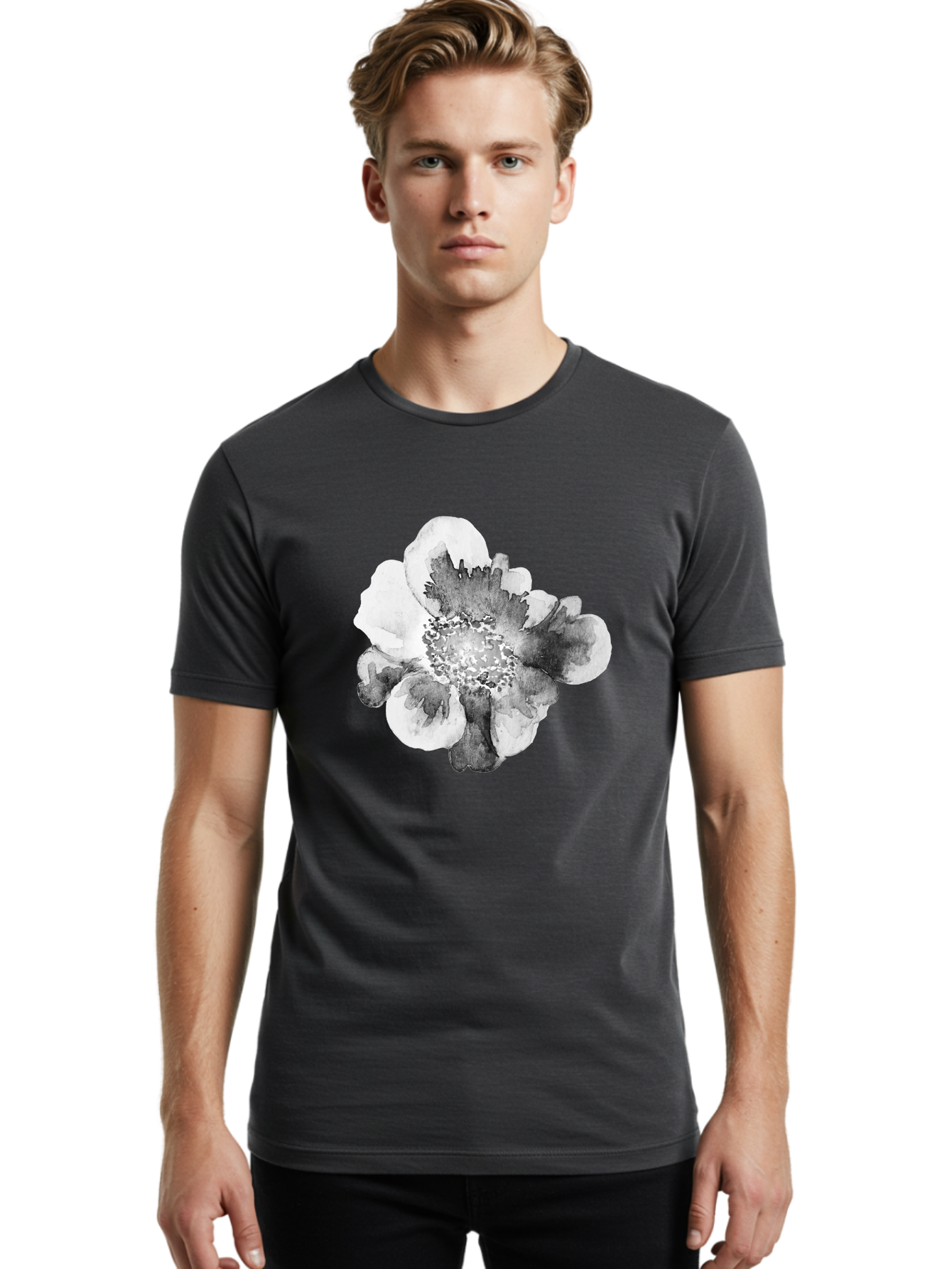 Watercolor-Flower Men'S Graphic Tee, 100% Cotton, Comfortable Casual Summer Wear, Machine Washable, Watercolor Flower, Black And White Petals, Delicate Artwork, Floral Design, Artistic Expression, Elegant Simplicity, Minimalist Style, Aac361 24