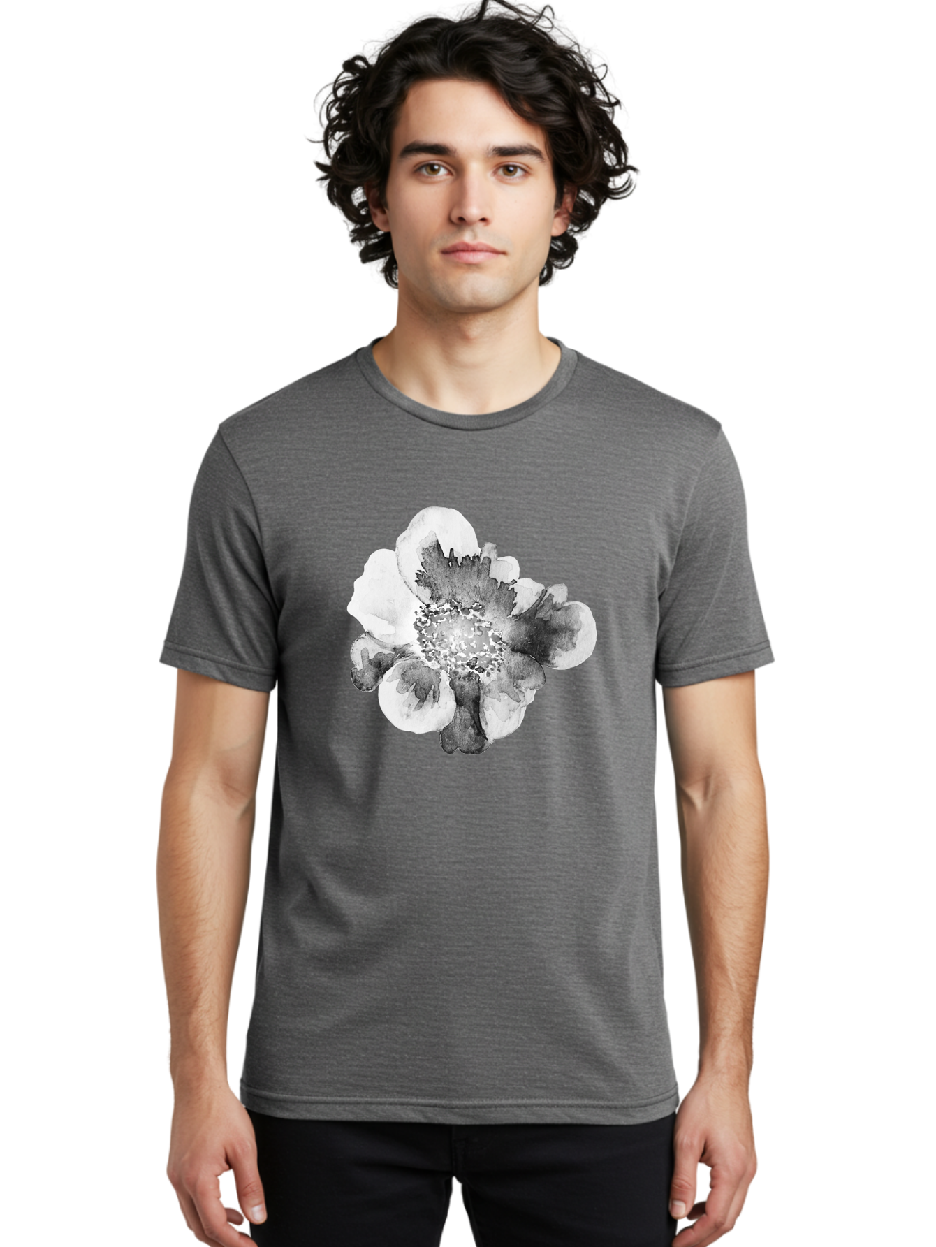 Watercolor-Flower Men'S Graphic Tee, 100% Cotton, Comfortable Casual Summer Wear, Machine Washable, Watercolor Flower, Black And White Petals, Delicate Artwork, Floral Design, Artistic Expression, Elegant Simplicity, Minimalist Style, Aac361 28