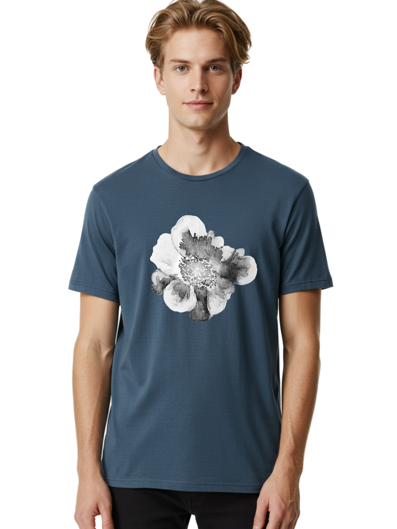 Watercolor-Flower Men'S Graphic Tee, 100% Cotton, Comfortable Casual Summer Wear, Machine Washable, Watercolor Flower, Black And White Petals, Delicate Artwork, Floral Design, Artistic Expression, Elegant Simplicity, Minimalist Style, Aac361 30