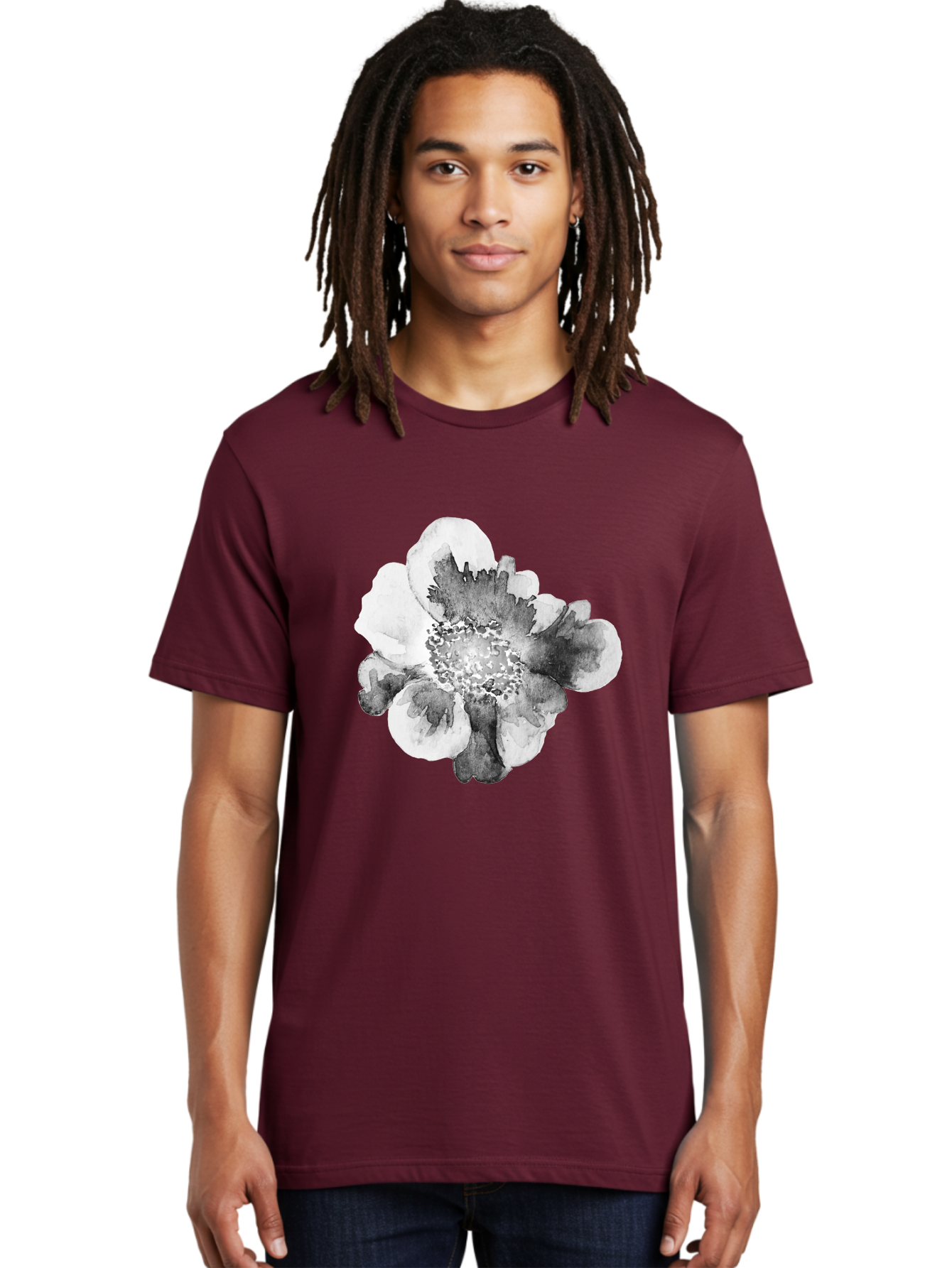 Watercolor-Flower Men'S Graphic Tee, 100% Cotton, Comfortable Casual Summer Wear, Machine Washable, Watercolor Flower, Black And White Petals, Delicate Artwork, Floral Design, Artistic Expression, Elegant Simplicity, Minimalist Style, Aac361 12
