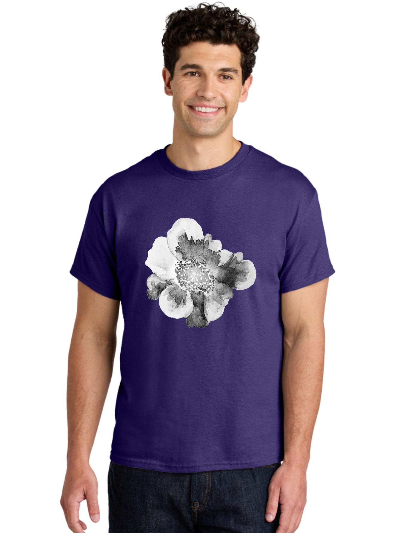 Watercolor-Flower Men'S Graphic Tee, 100% Cotton, Comfortable Casual Summer Wear, Machine Washable, Watercolor Flower, Black And White Petals, Delicate Artwork, Floral Design, Artistic Expression, Elegant Simplicity, Minimalist Style, Aac361 16