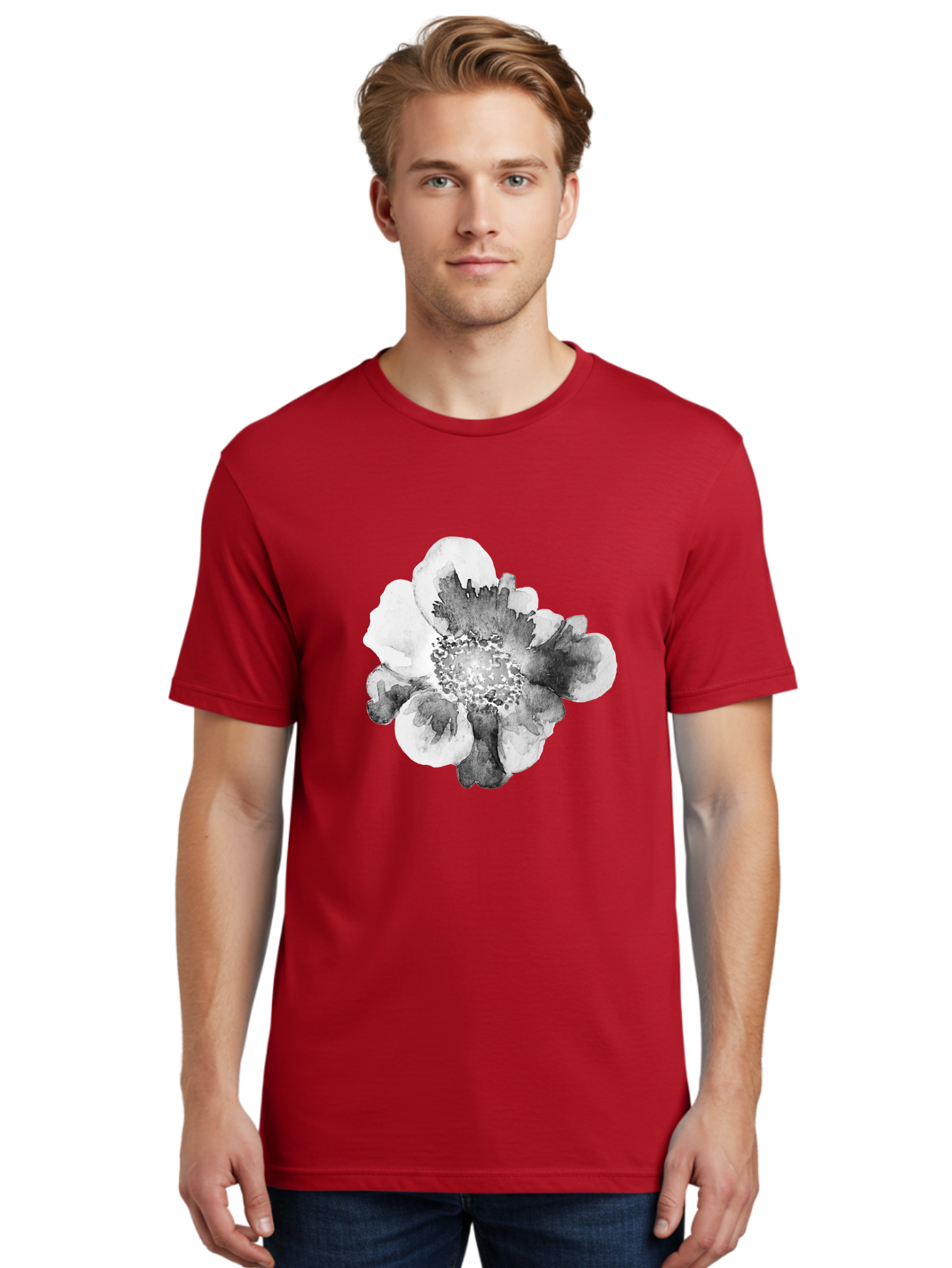 Watercolor-Flower Men'S Graphic Tee, 100% Cotton, Comfortable Casual Summer Wear, Machine Washable, Watercolor Flower, Black And White Petals, Delicate Artwork, Floral Design, Artistic Expression, Elegant Simplicity, Minimalist Style, Aac361 20