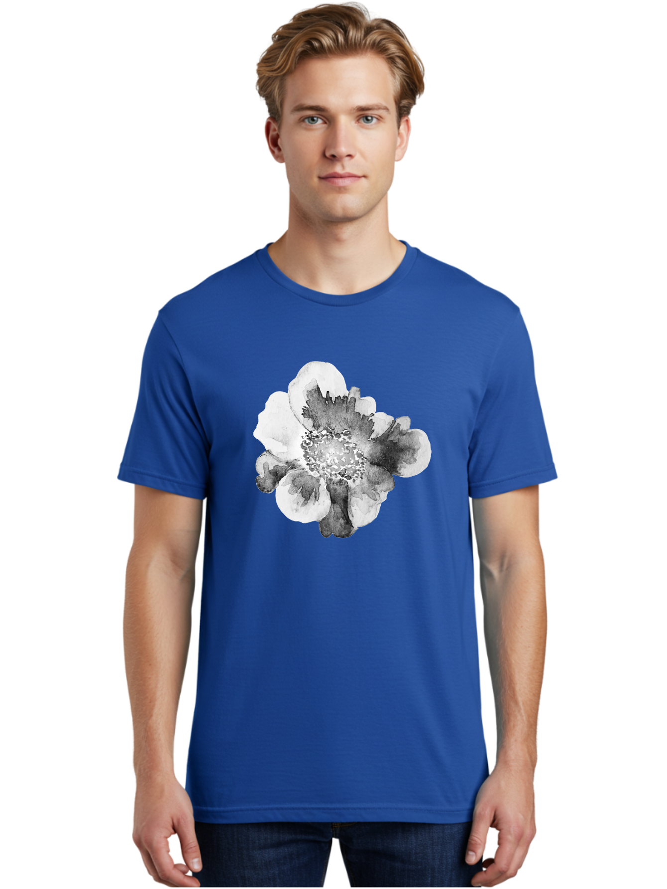 Watercolor-Flower Men'S Graphic Tee, 100% Cotton, Comfortable Casual Summer Wear, Machine Washable, Watercolor Flower, Black And White Petals, Delicate Artwork, Floral Design, Artistic Expression, Elegant Simplicity, Minimalist Style, Aac361 26