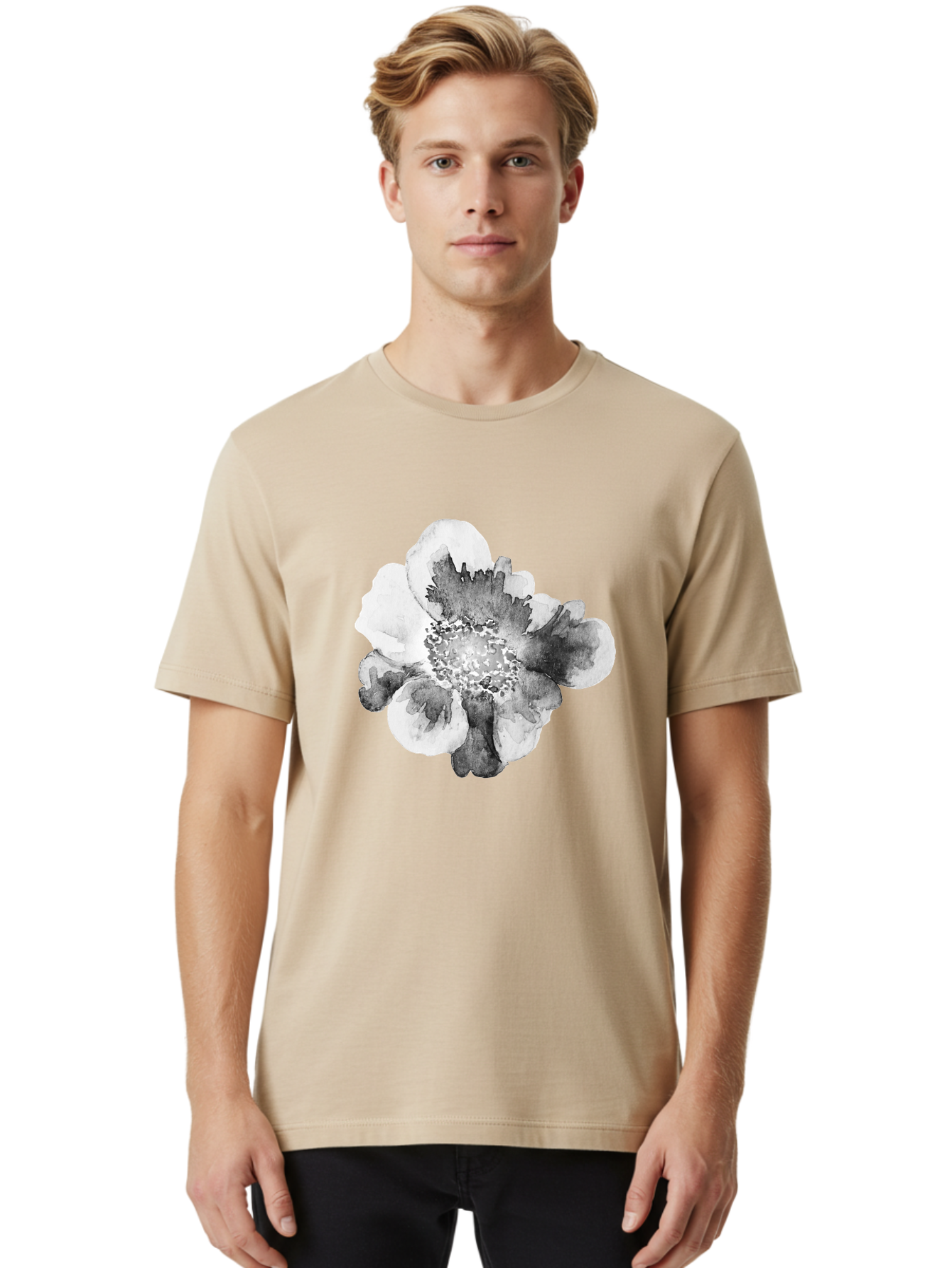 Watercolor-Flower Men'S Graphic Tee, 100% Cotton, Comfortable Casual Summer Wear, Machine Washable, Watercolor Flower, Black And White Petals, Delicate Artwork, Floral Design, Artistic Expression, Elegant Simplicity, Minimalist Style, Aac361 22