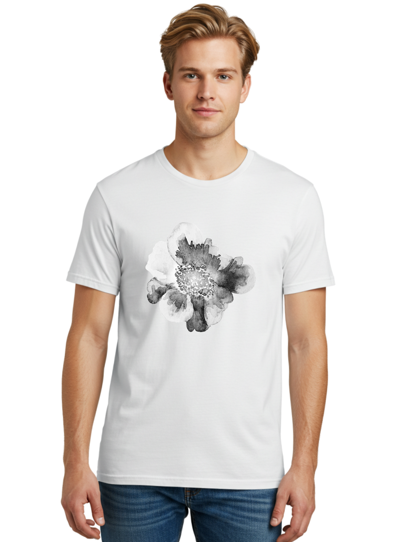 Watercolor-Flower Men'S Graphic Tee, 100% Cotton, Comfortable Casual Summer Wear, Machine Washable, Watercolor Flower, Black And White Petals, Delicate Artwork, Floral Design, Artistic Expression, Elegant Simplicity, Minimalist Style, Aac361 4